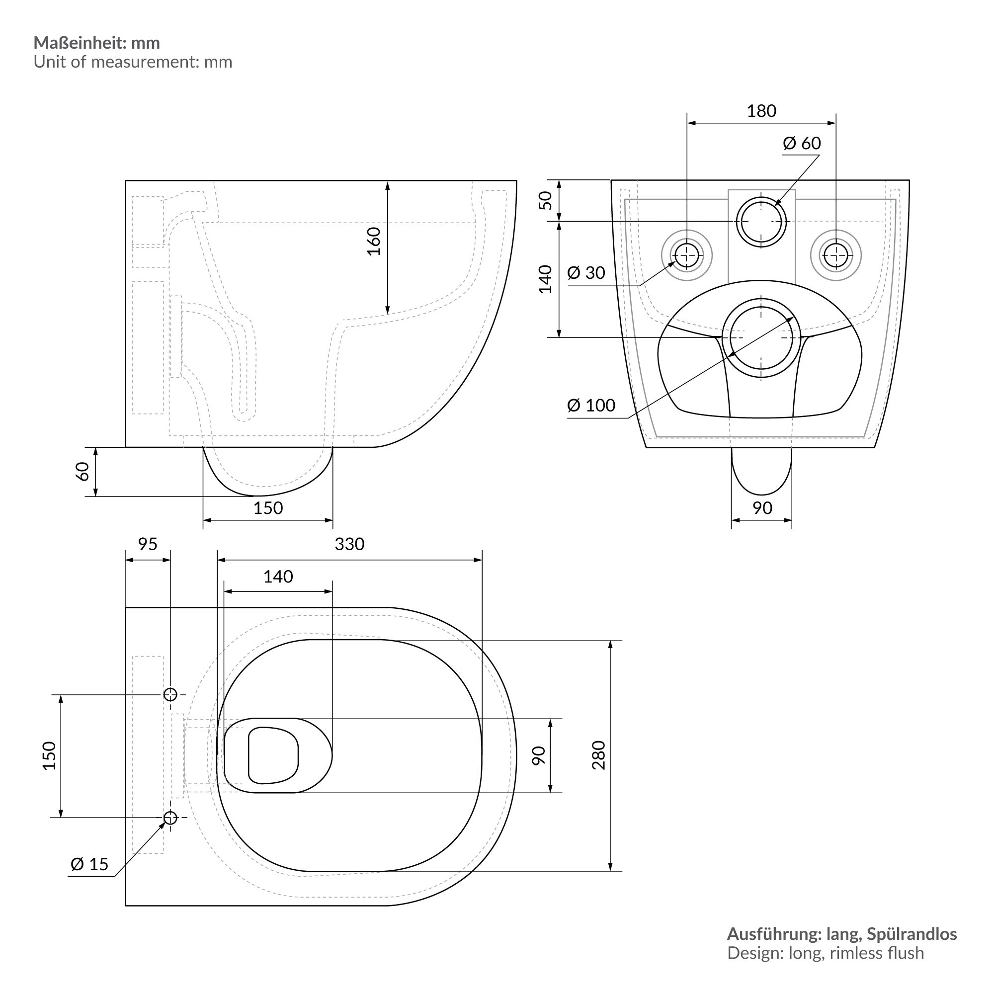 Dessin technique d'un WC sans rebord avec des dimensions.