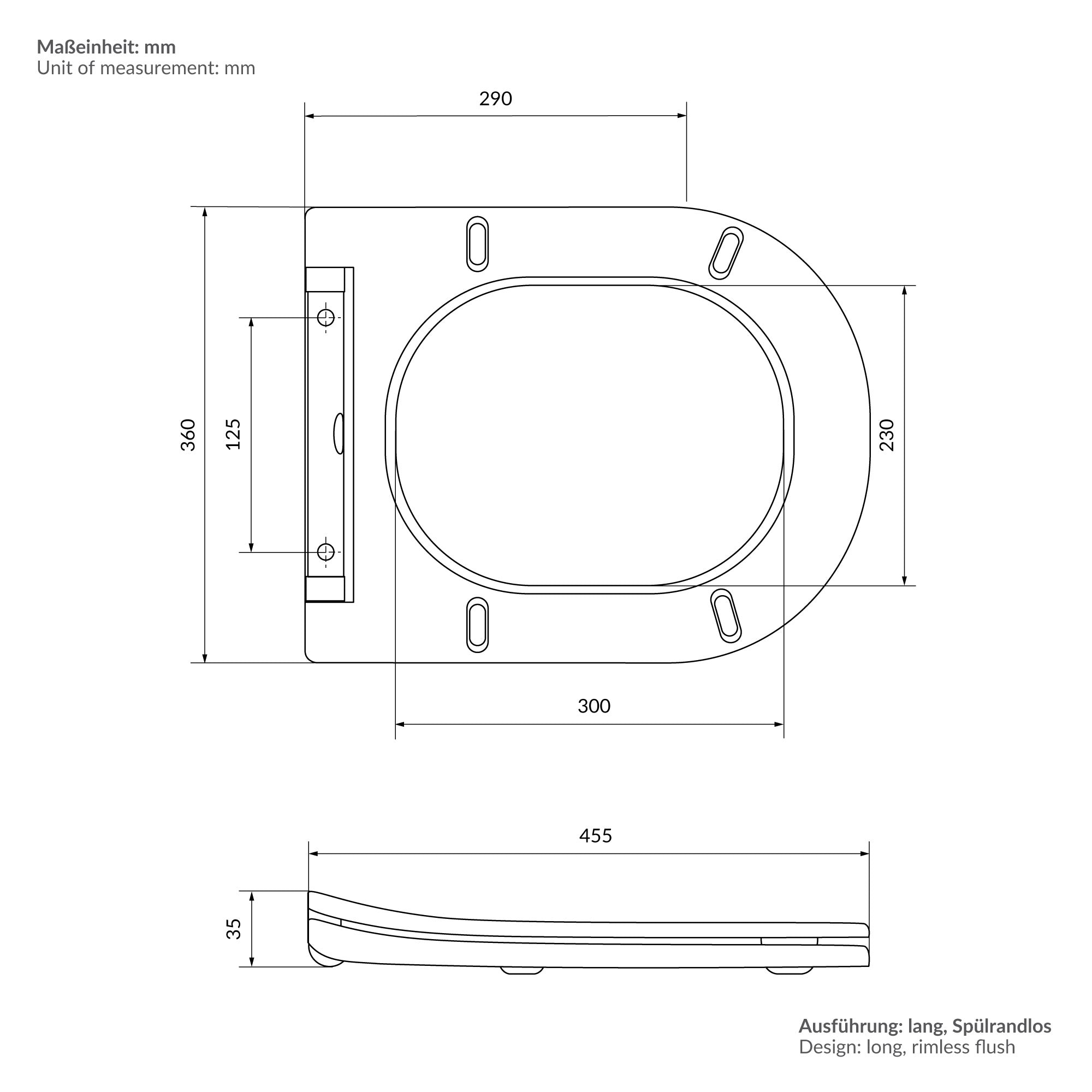 Dessin technique d'un modèle de toilette avec des dimensions en millimètres.