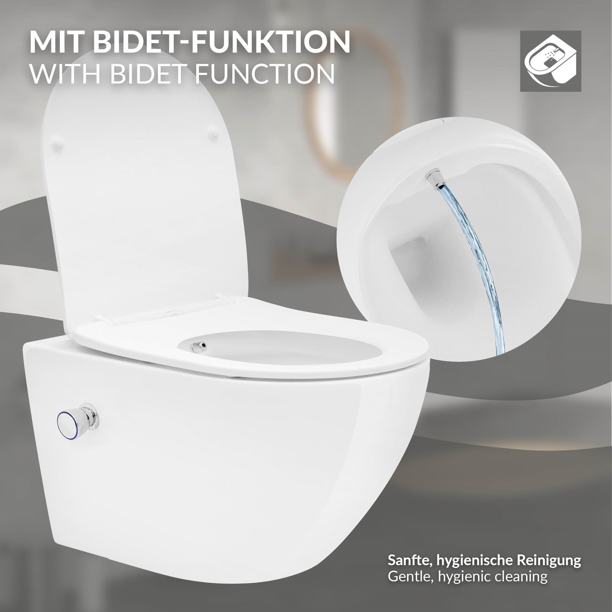 WC, jossa on bidet-toiminto, pyöristetty muoto ja sivuinen vesiliitäntä.