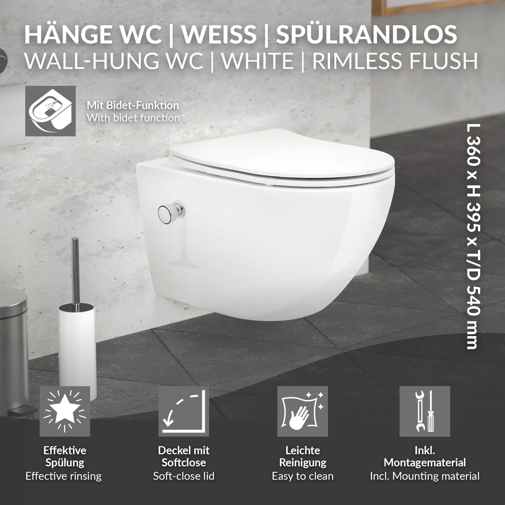 WC sospeso in bianco con funzione bidet e dettagli tecnici.