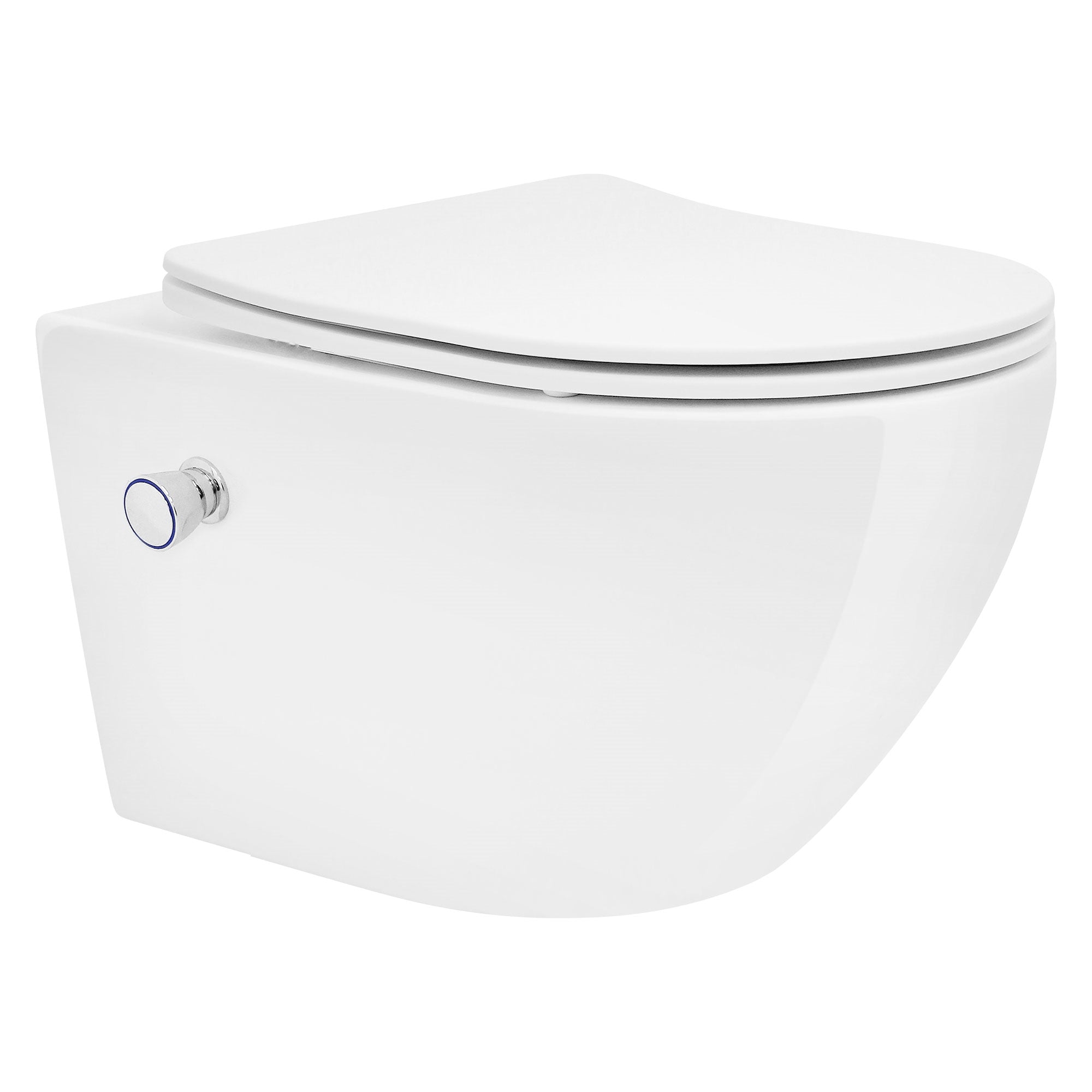 Toilette a parete di colore bianco con seduta arrotondata.