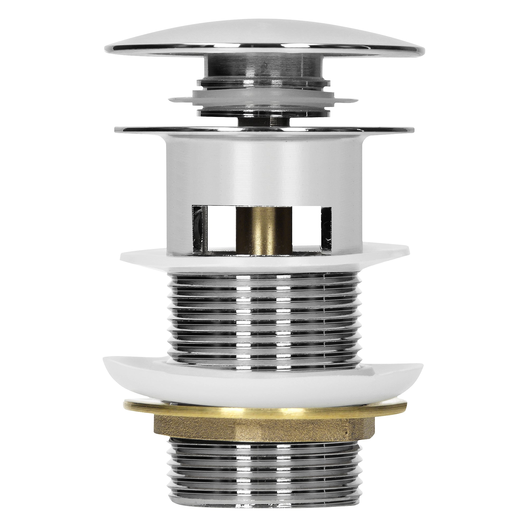 Close-up of a chrome drain valve in various layers.