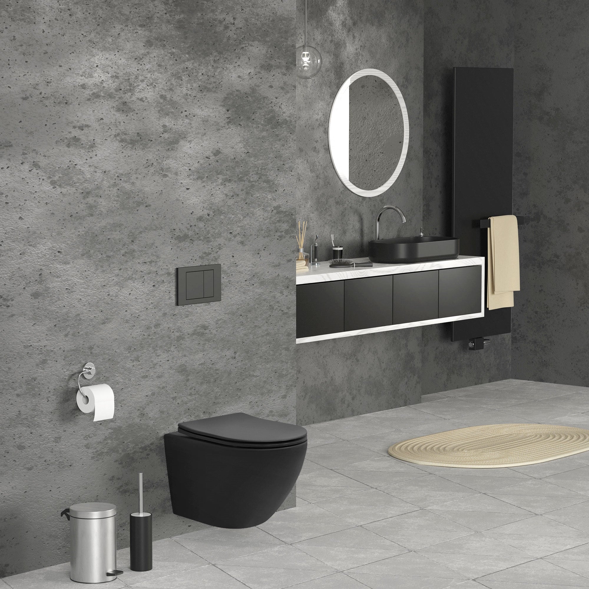 Modernes Badezimmer mit grauen Wänden, schwarzem WC und Waschbecken, runder Spiegel.
