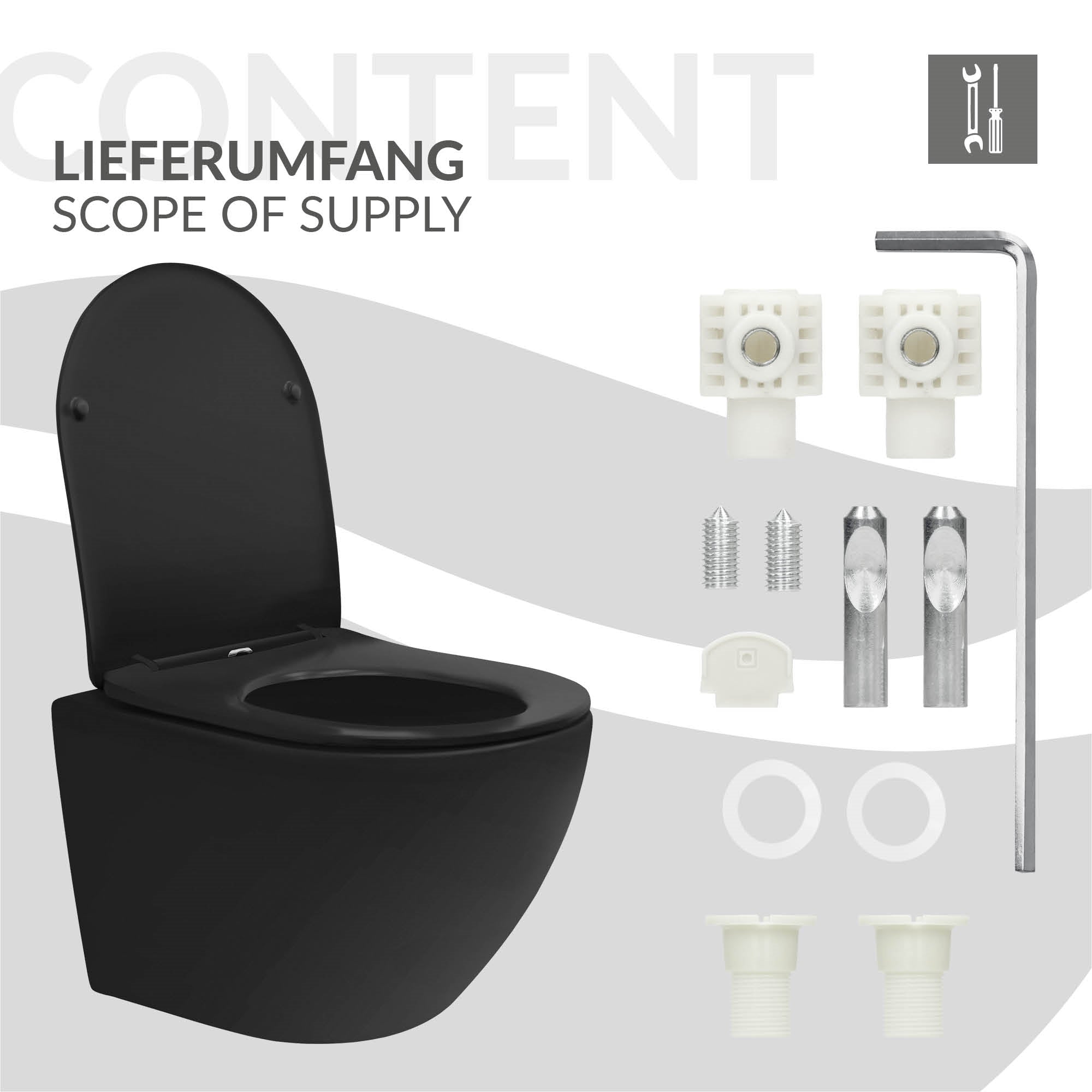 Lieferumfang für schwarze Wandtoilette mit Montagezubehör auf hellem Hintergrund.