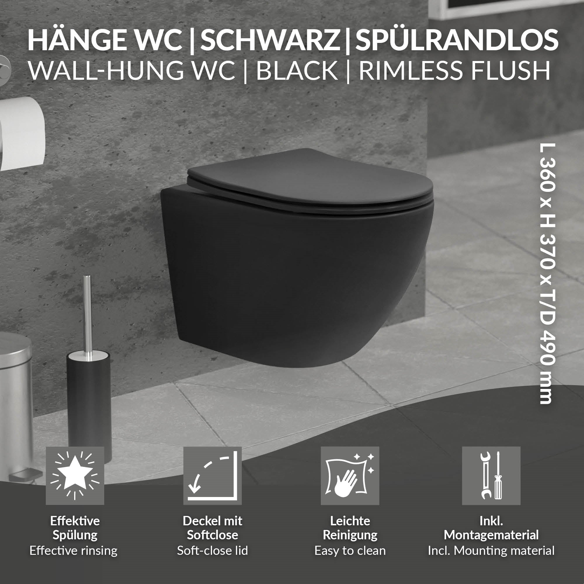 WC sospeso nero con coperchio Softclose e istruzioni di montaggio.