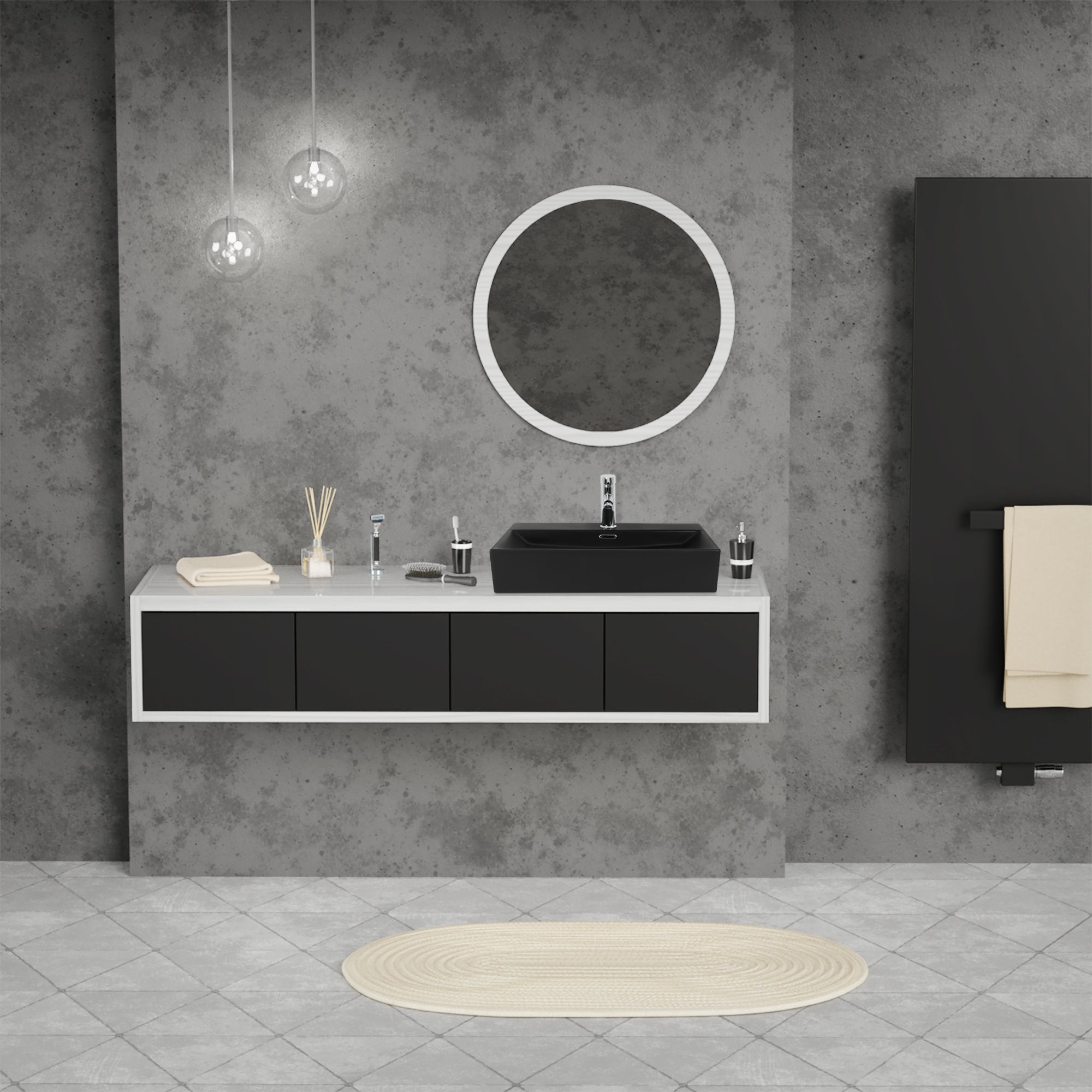 Salle de bain moderne avec lavabo noir, miroir et murs gris.