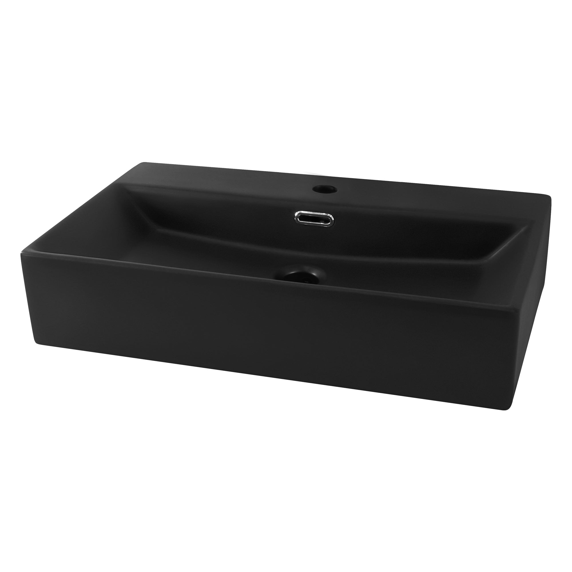 Lavabo noir sur une table blanche, vu de face.