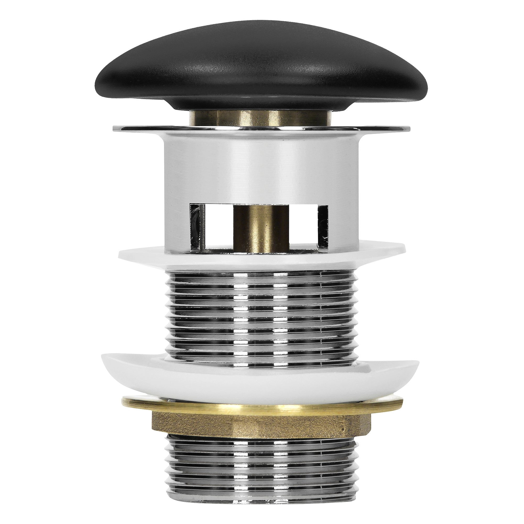 Detail view of a faucet element with black knob.