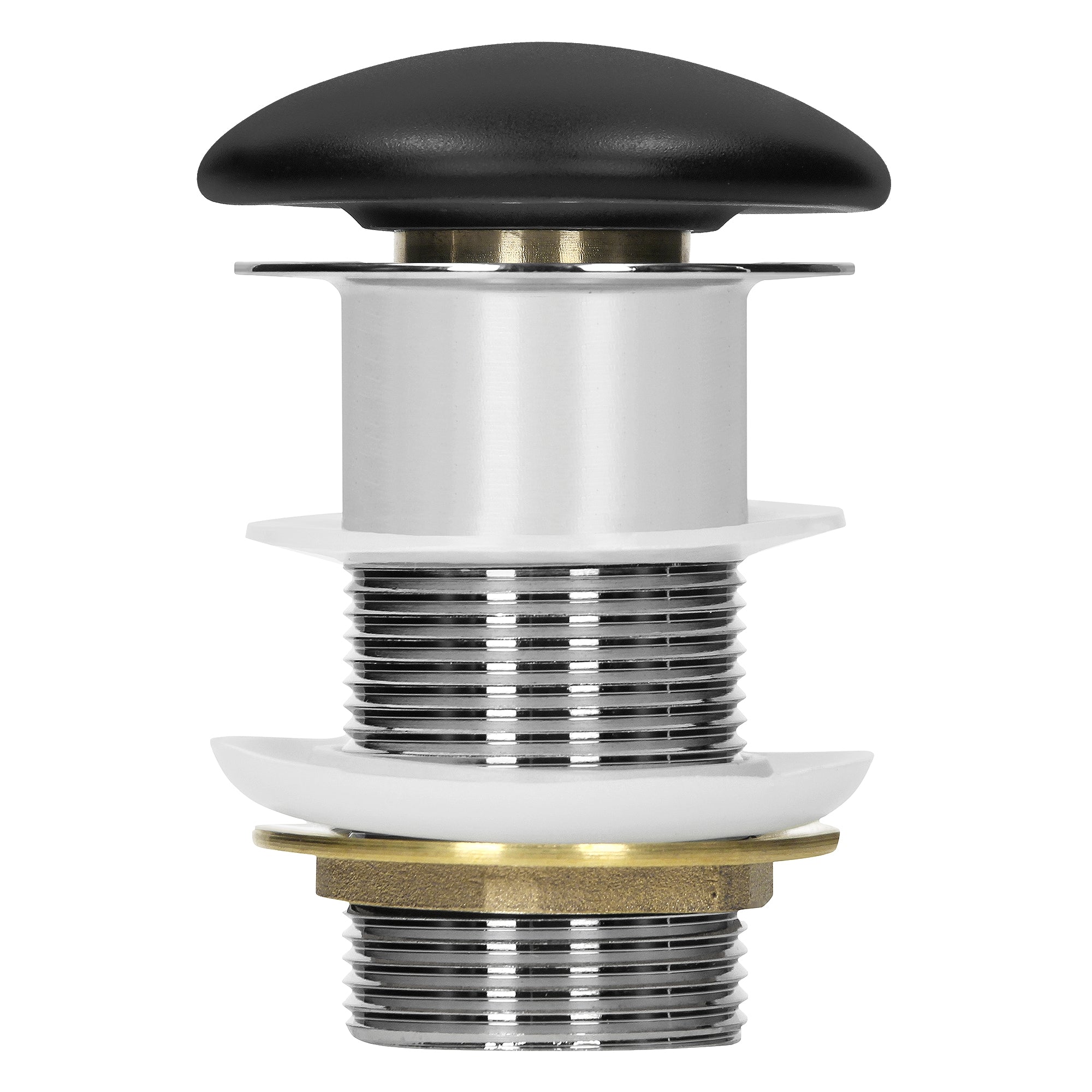 Close-up of a drain valve with a black knob and metal thread.