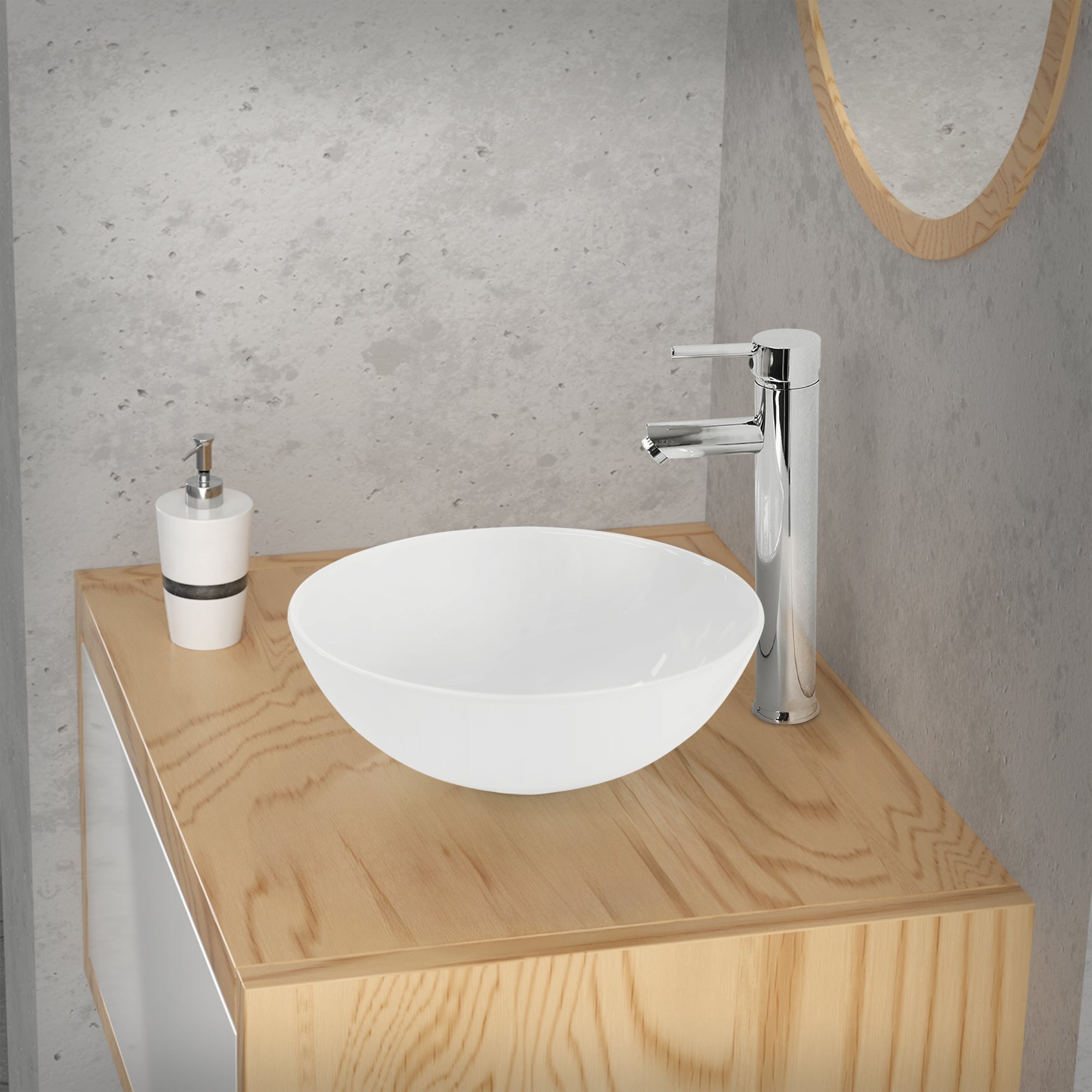 Rundes Waschbecken auf einem Holzschrank mit Wasserhahn und Seifenspender.