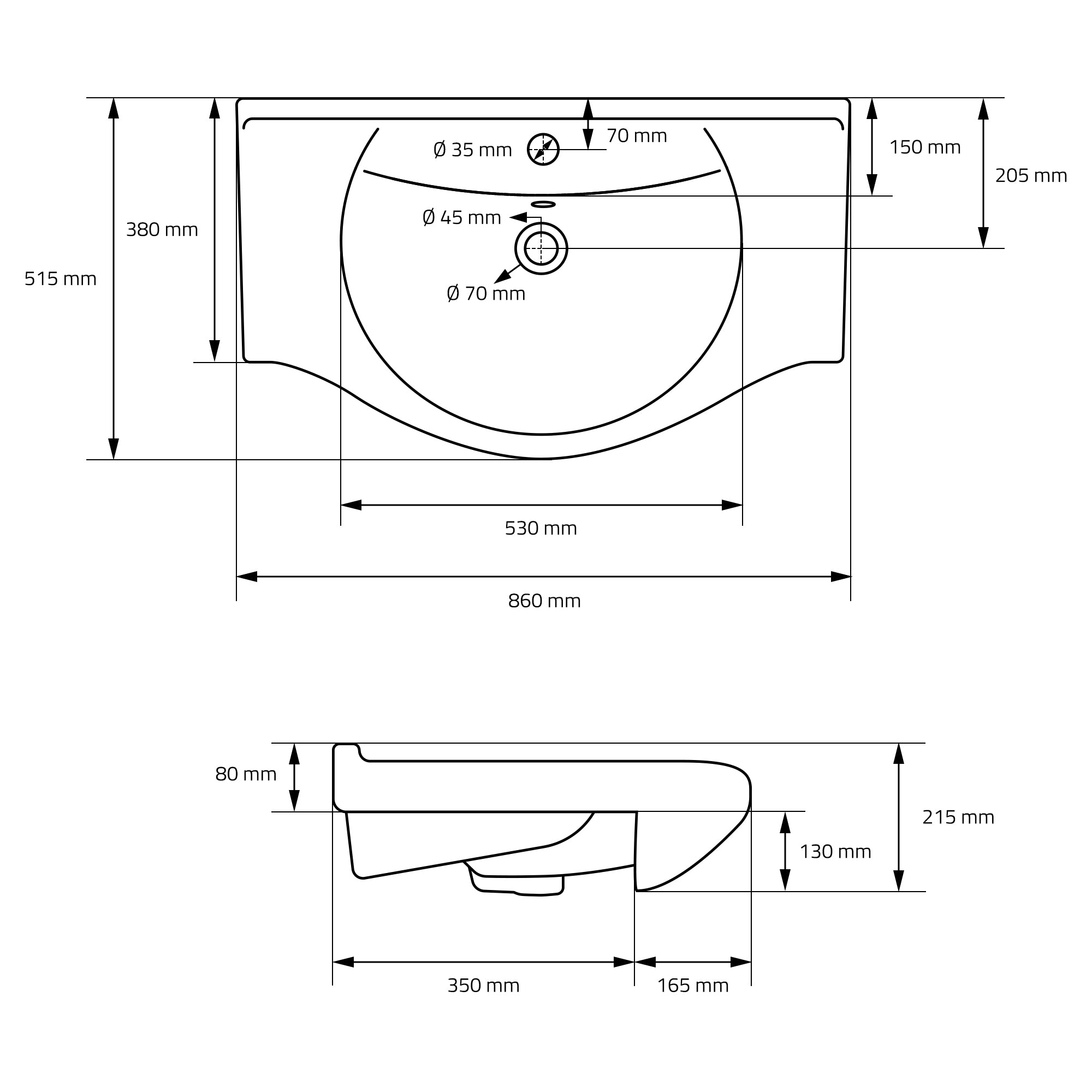 Teknisk tegning af et vask med dimensioner.
