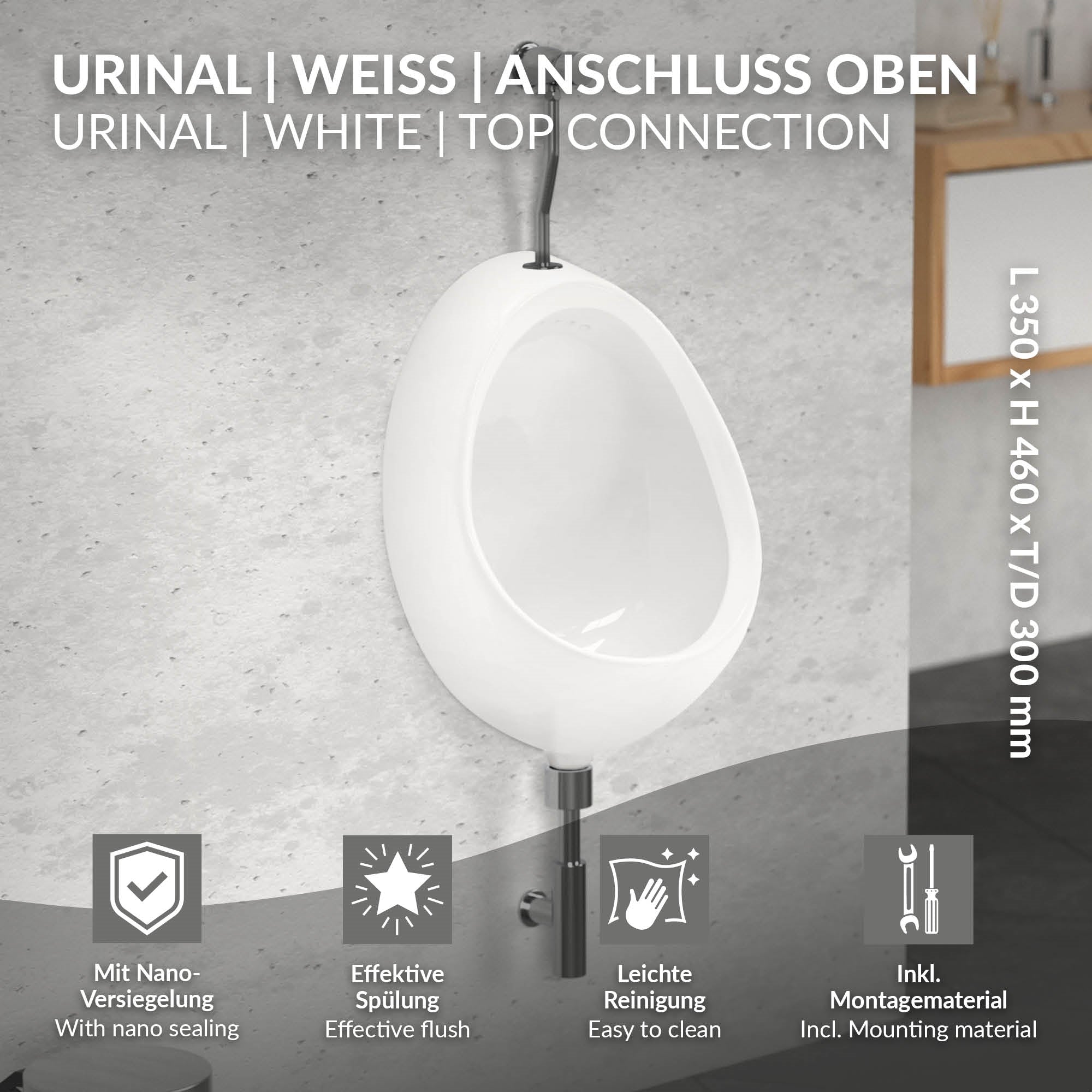 Urinale bianco con attacco superiore, su uno sfondo chiaro.