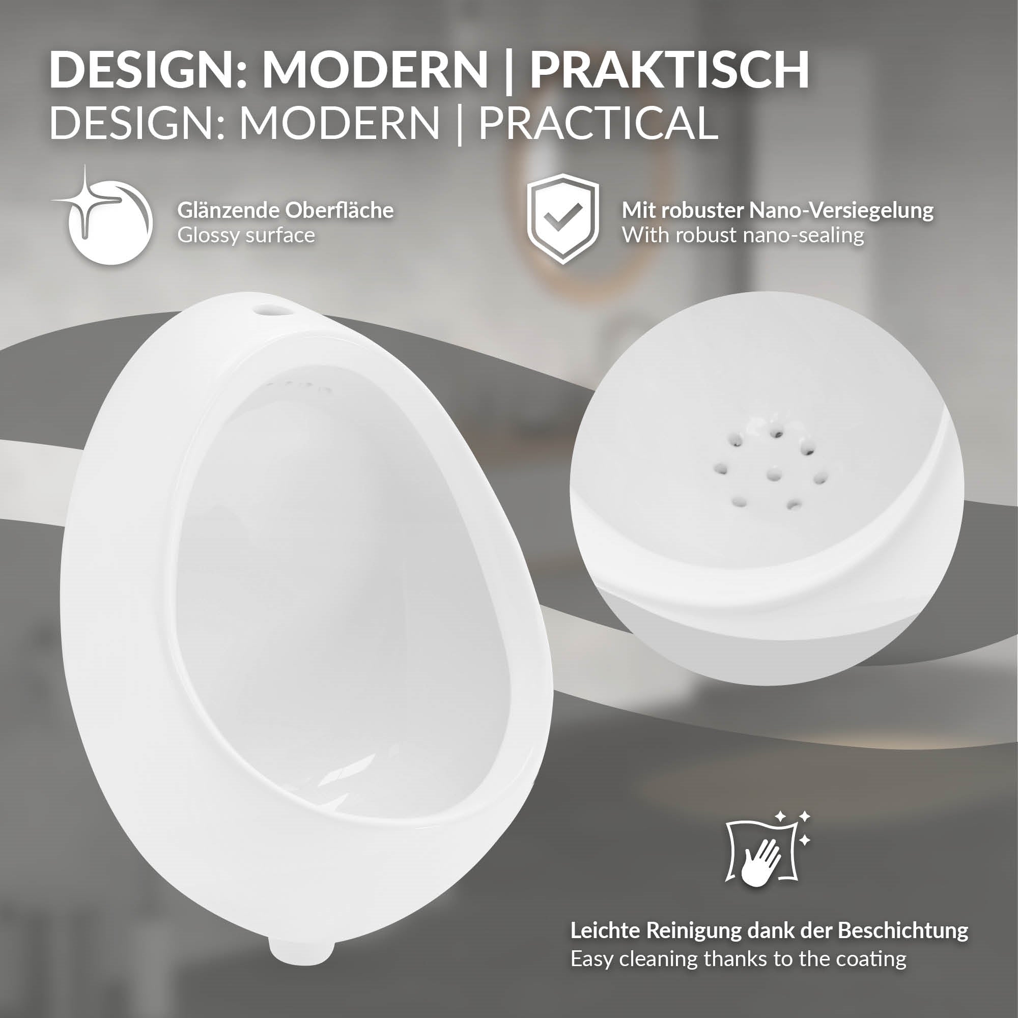 Urinal mit glänzender Oberfläche und einfacher Reinigung.