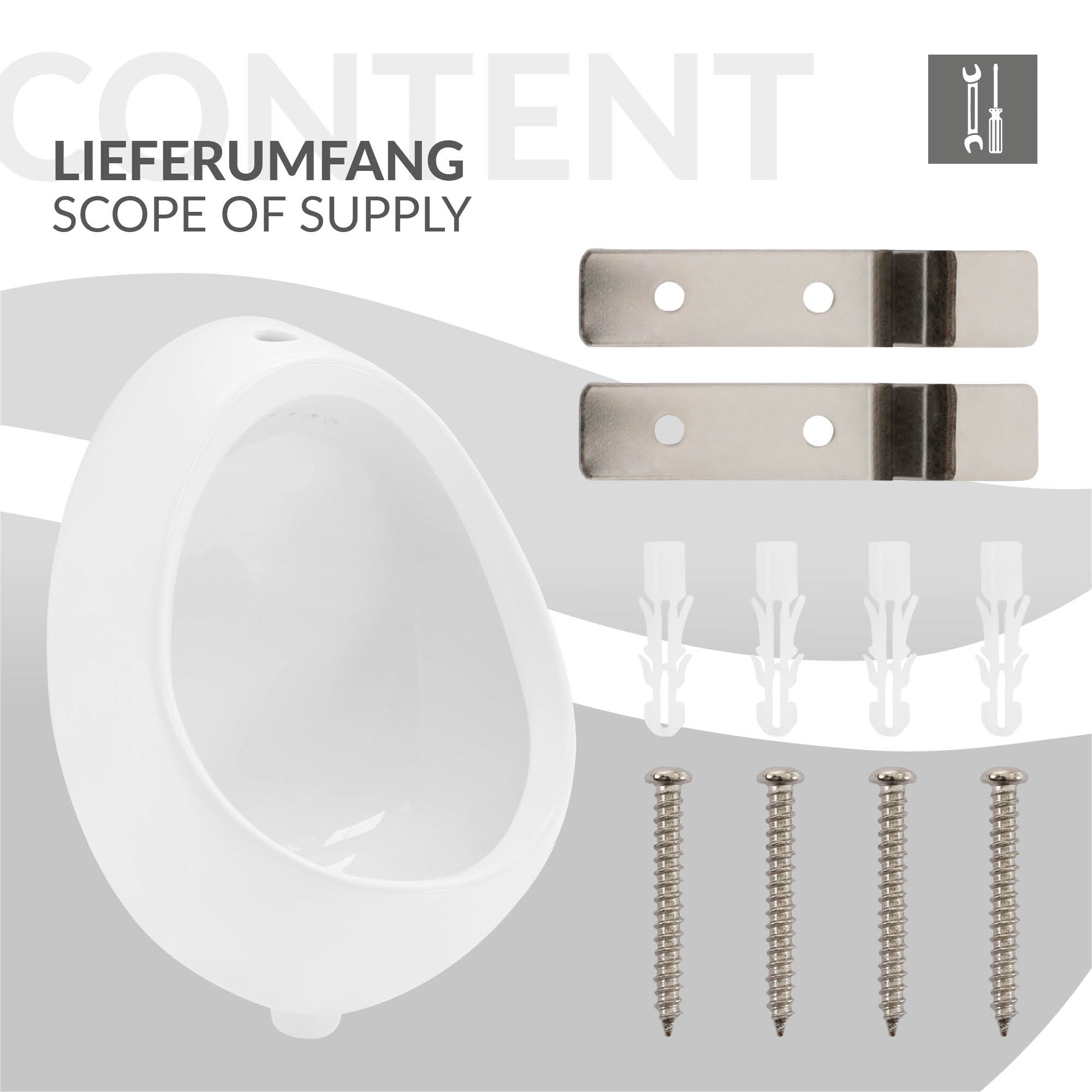 Lieferumfang mit Urinal, Halterungen und Schrauben.