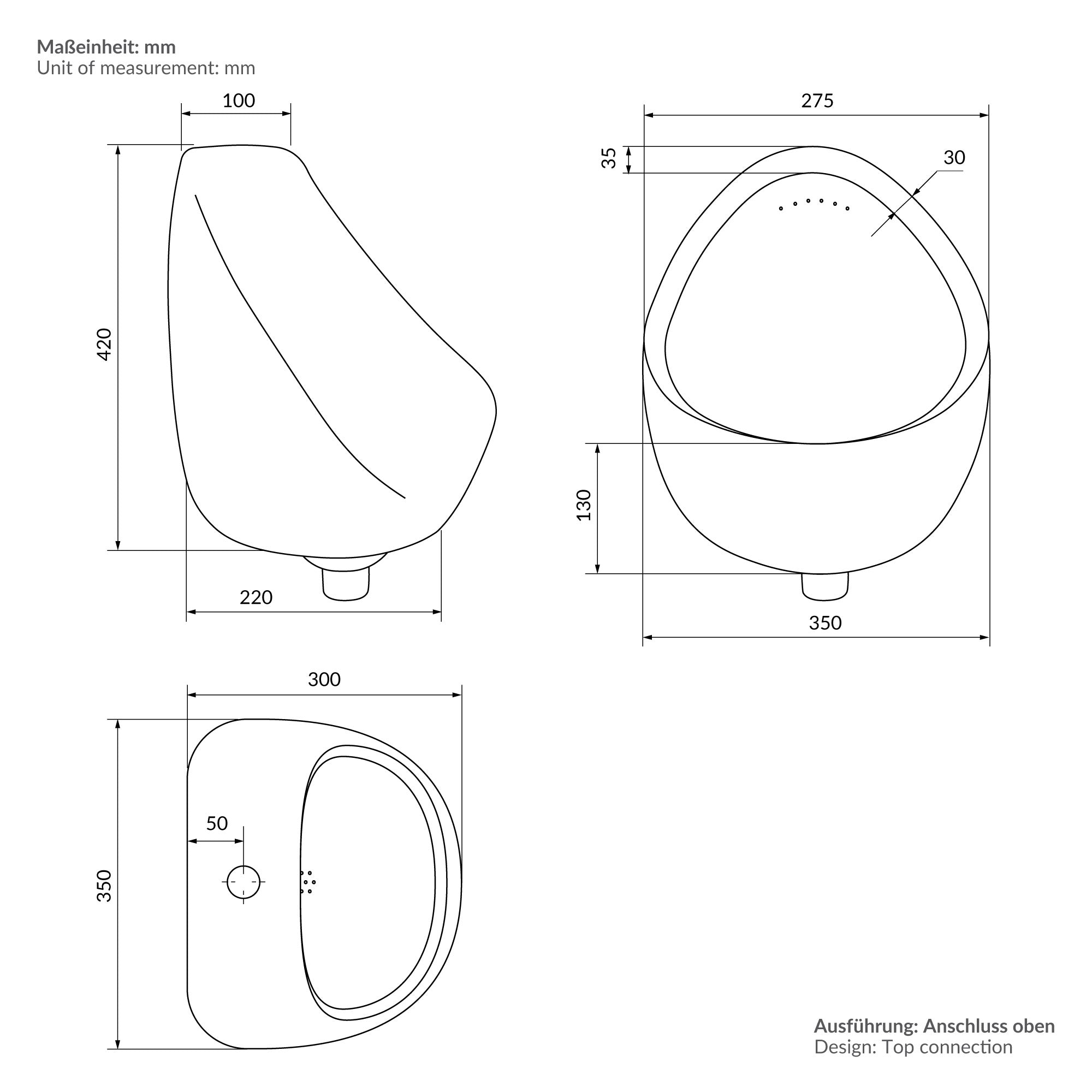 Technische Zeichnung eines Urinals mit Maßen und Anschluss oben.