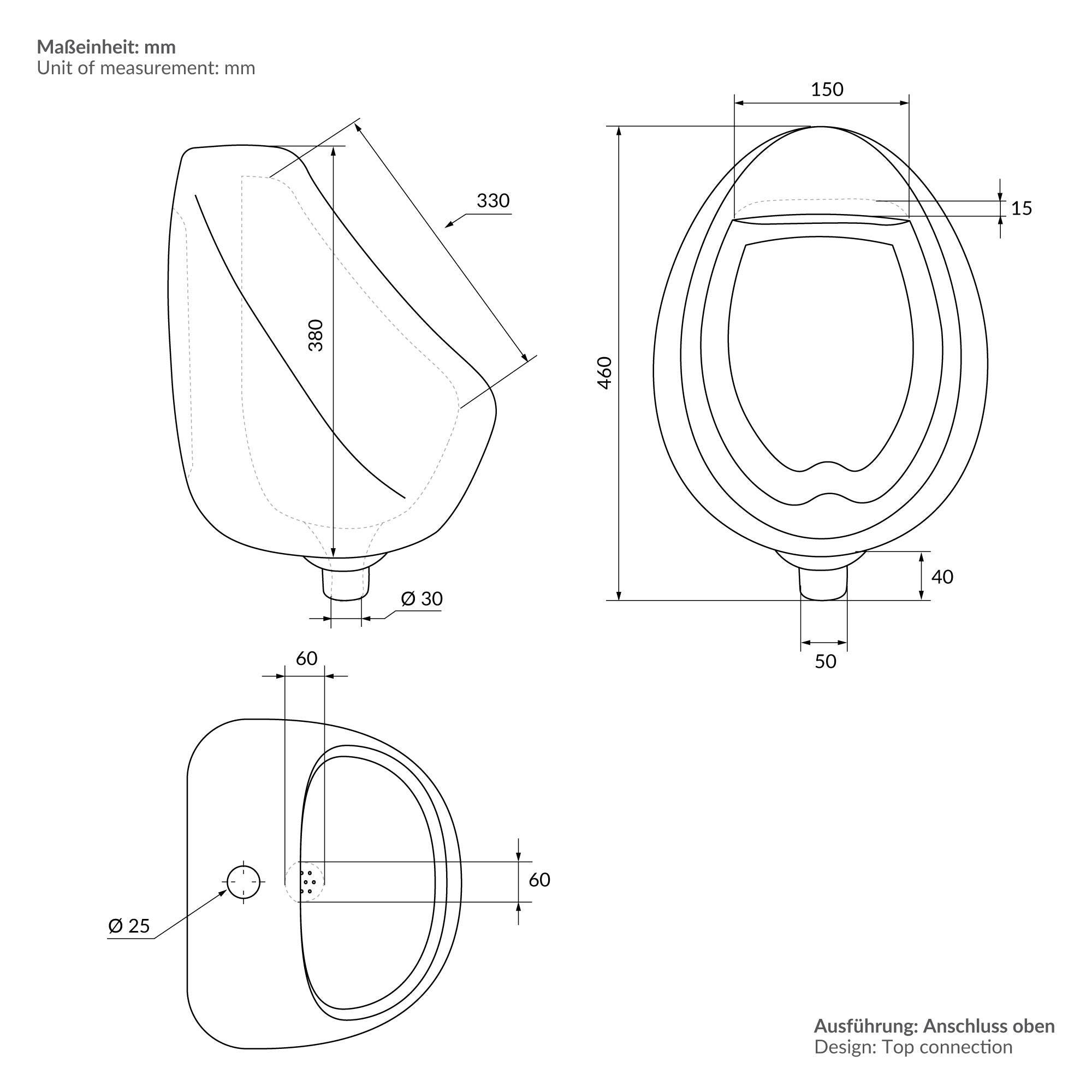 Technische Zeichnung eines Urinals mit Maßen.
