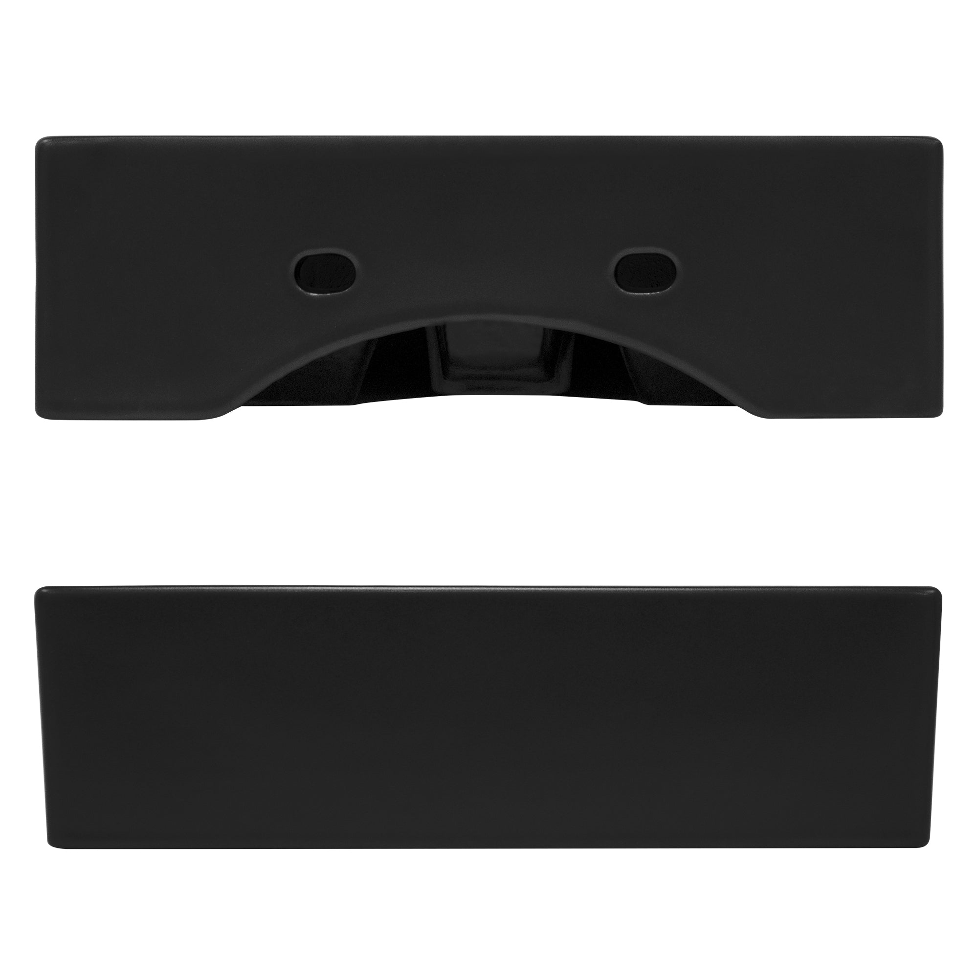 Black cover with two holes and a curved shape.