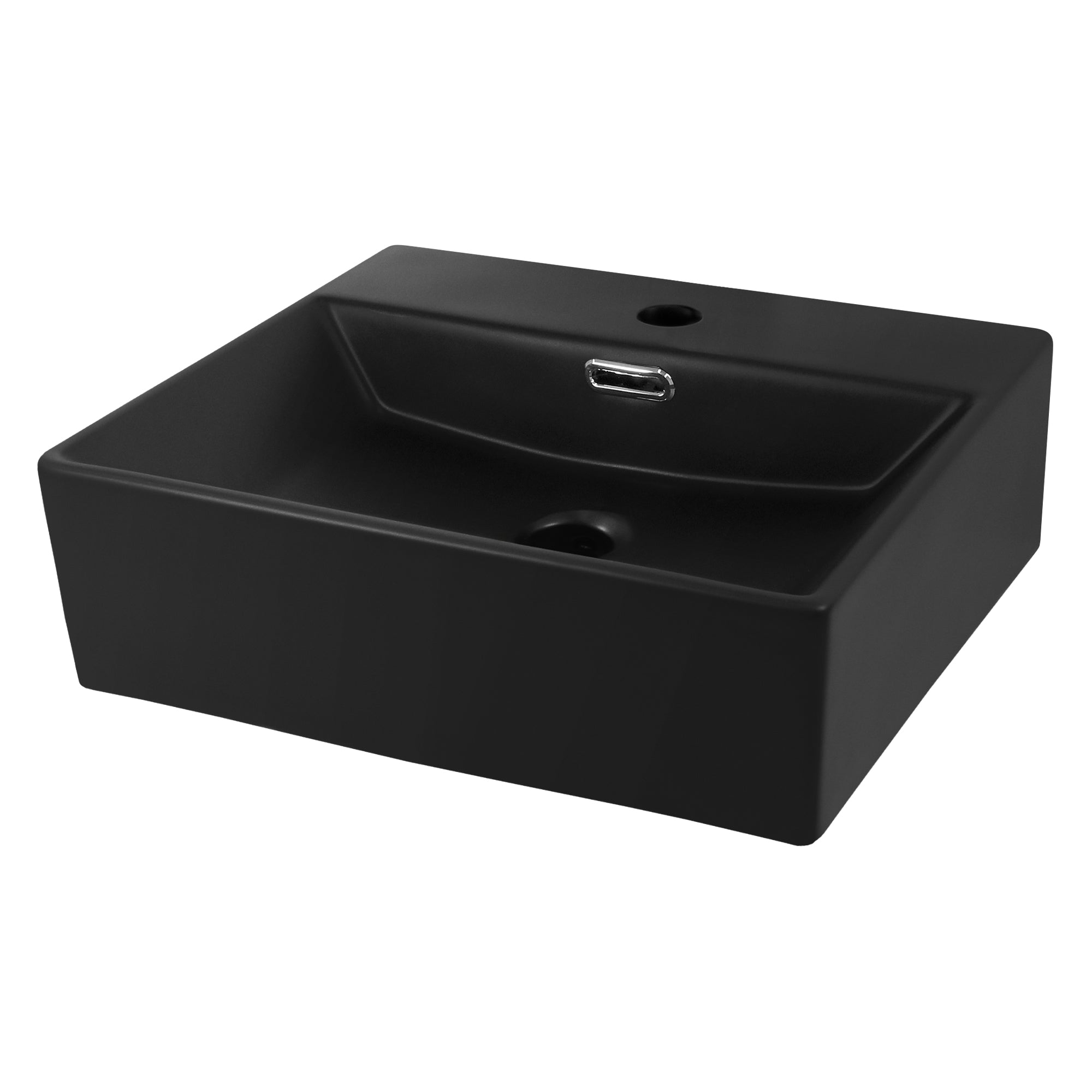 Black sink with rounded edges.