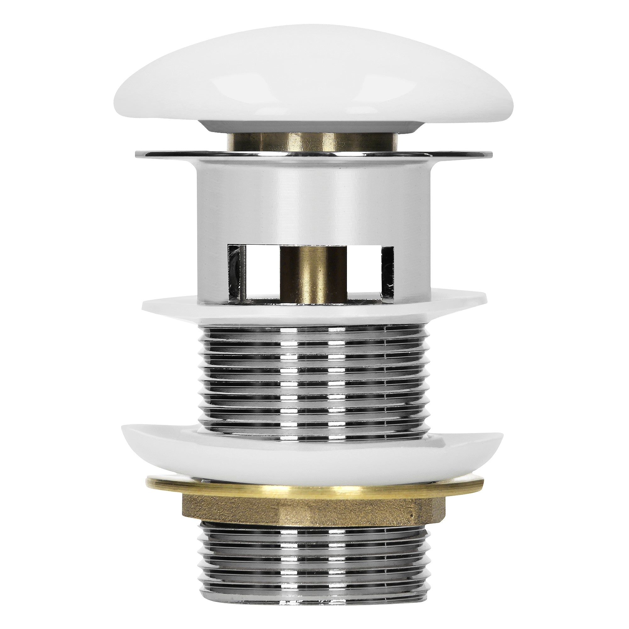 White drain with chrome thread and round cover.