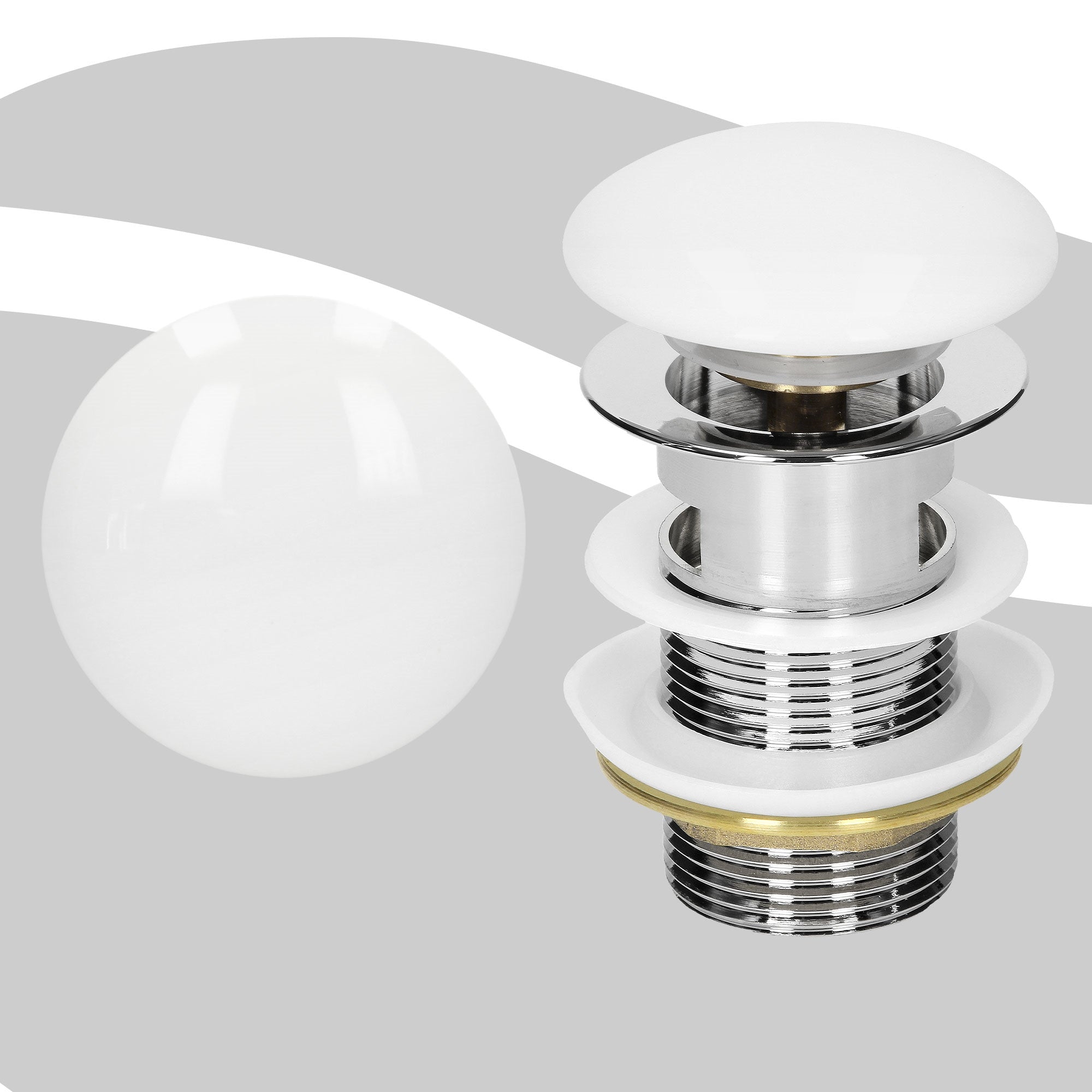White sink drain with round cover and chrome thread.
