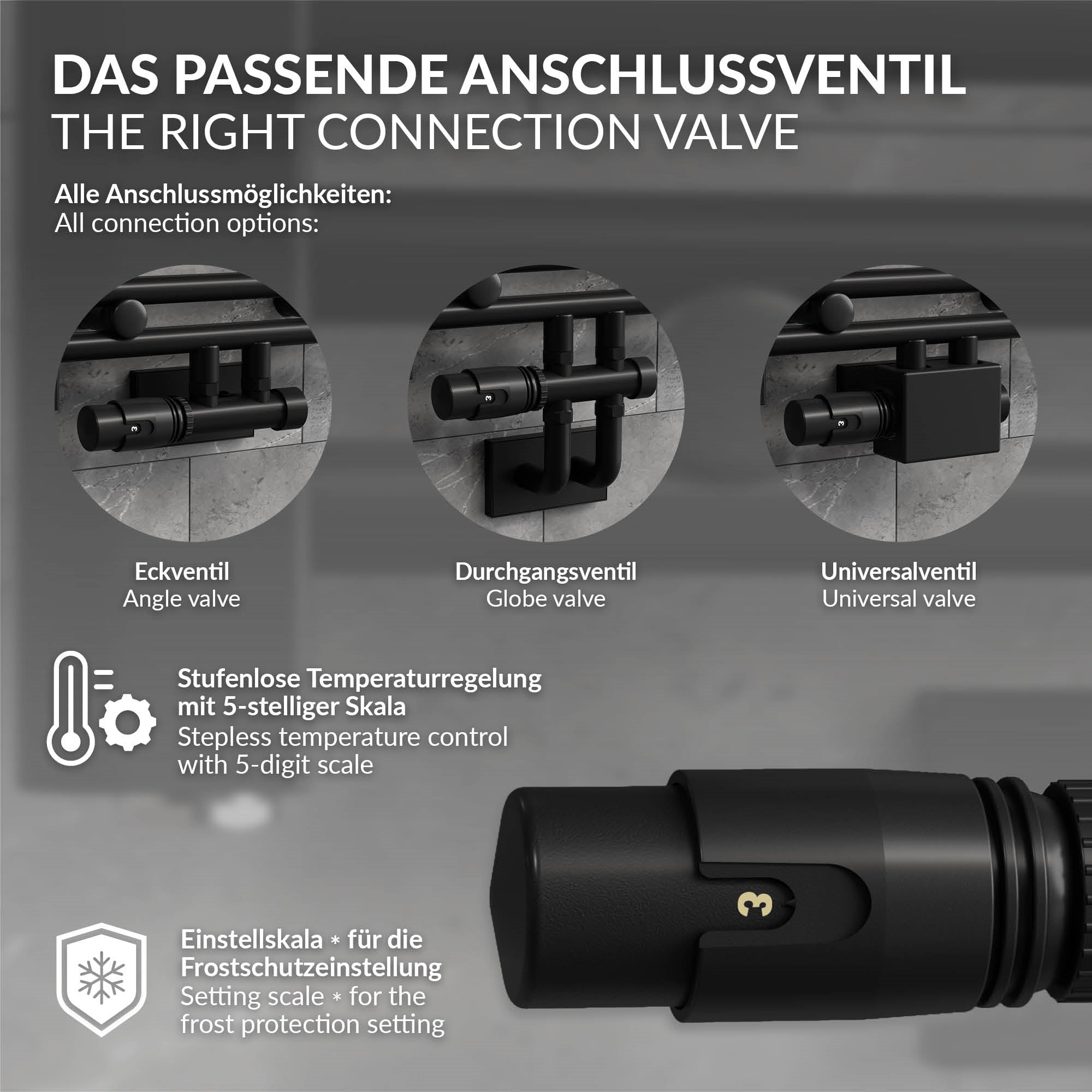 Anschlussventil mit Temperatureinstellung und verschiedenen Anschlussmöglichkeiten.