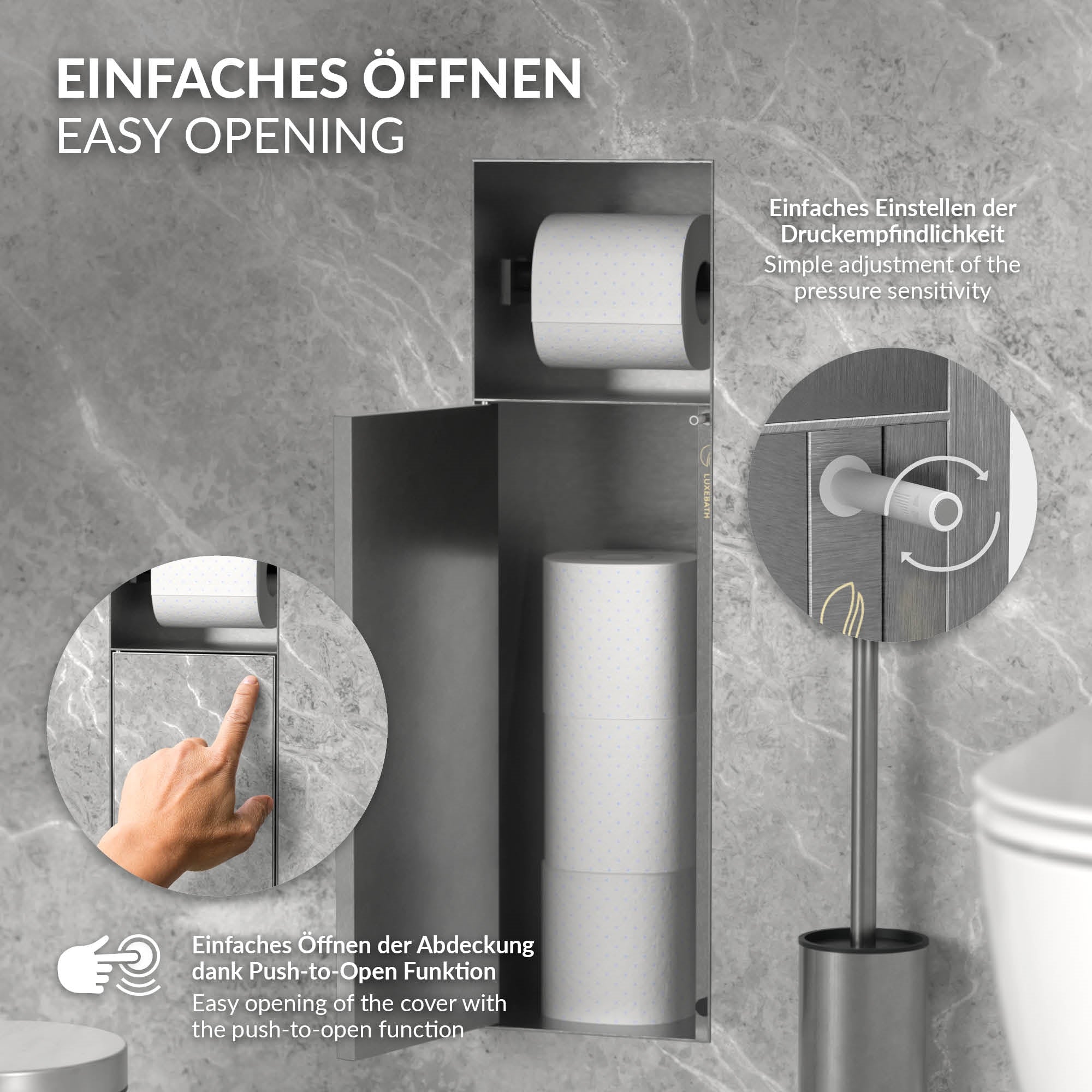 Wandhalterung für Toilettenpapier mit Druckempfindlichkeit zur einfachen Öffnung.