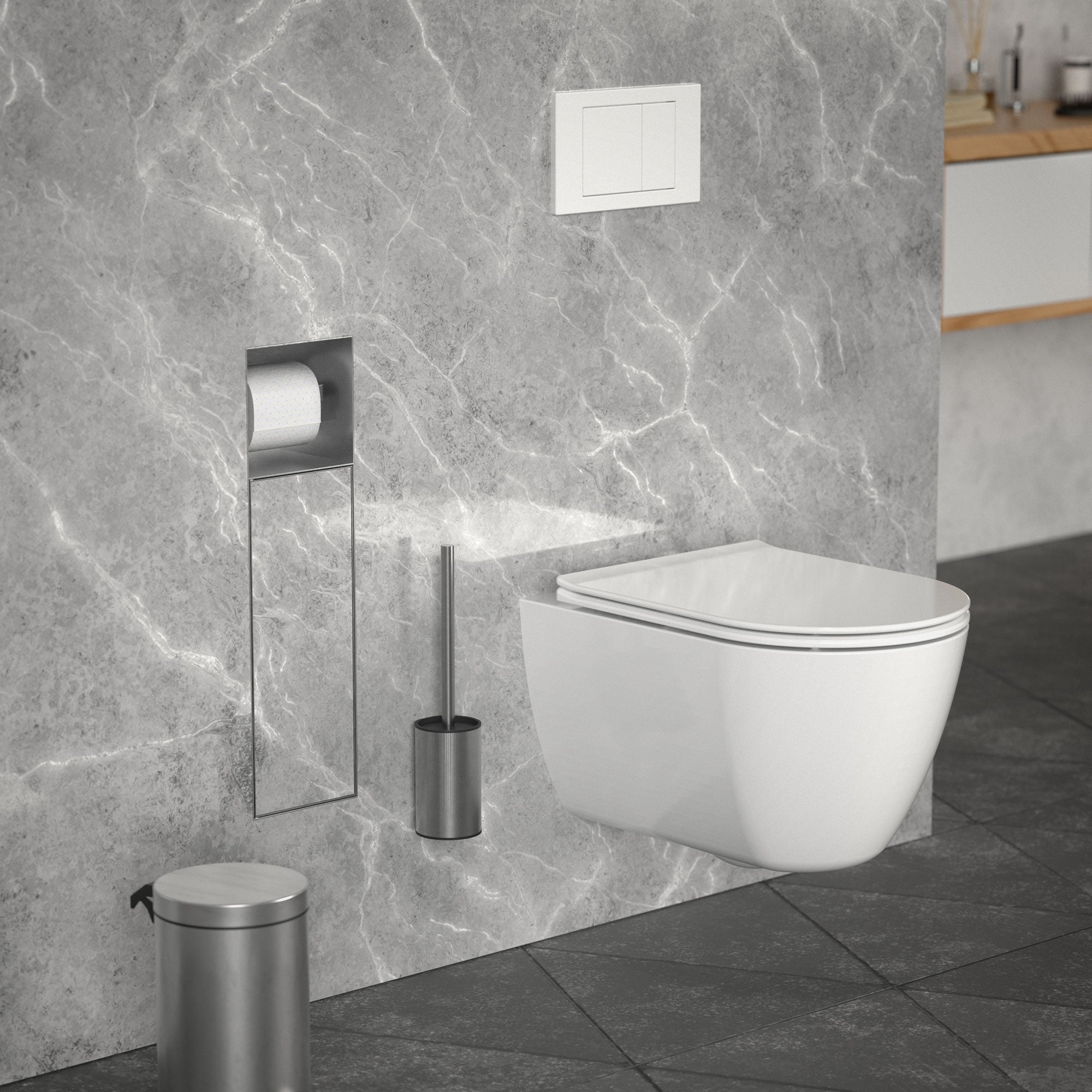 Modernes Badezimmer mit Wandtoilette und grauem Marmor-Wanddesign.