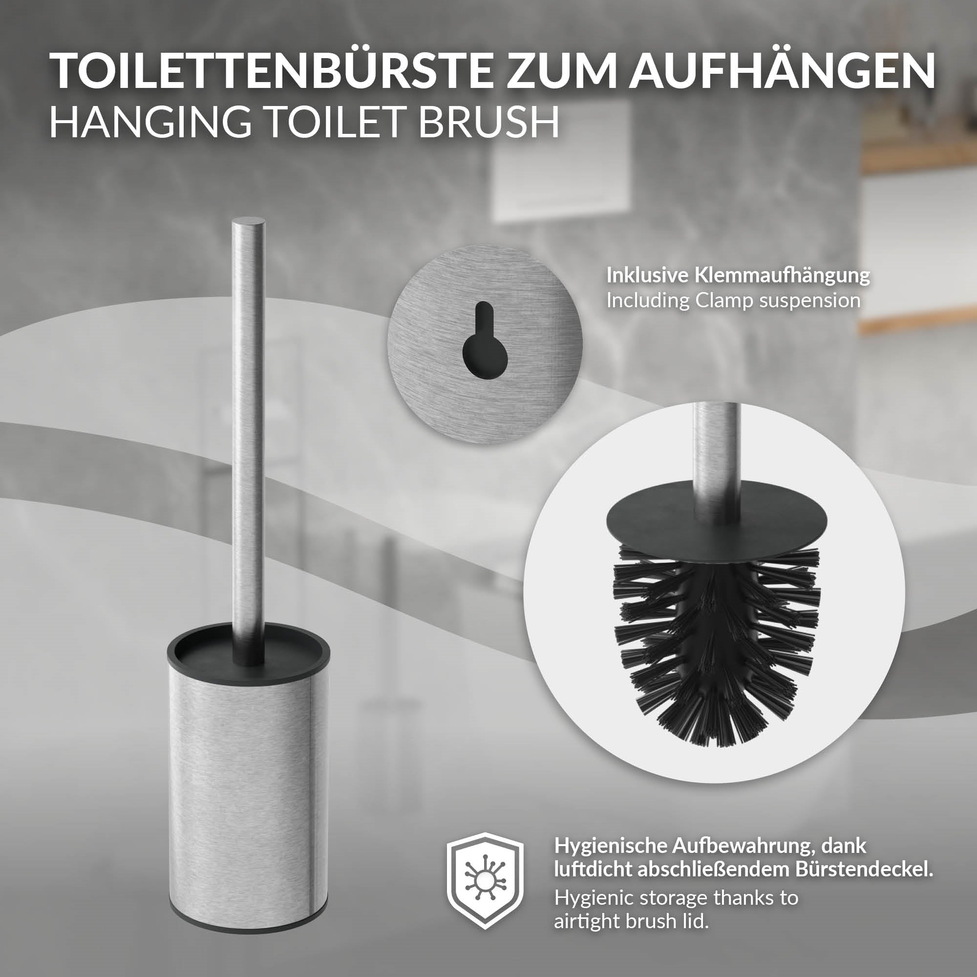 Toilettenbürste mit Halterung und Klemmaufhängung.