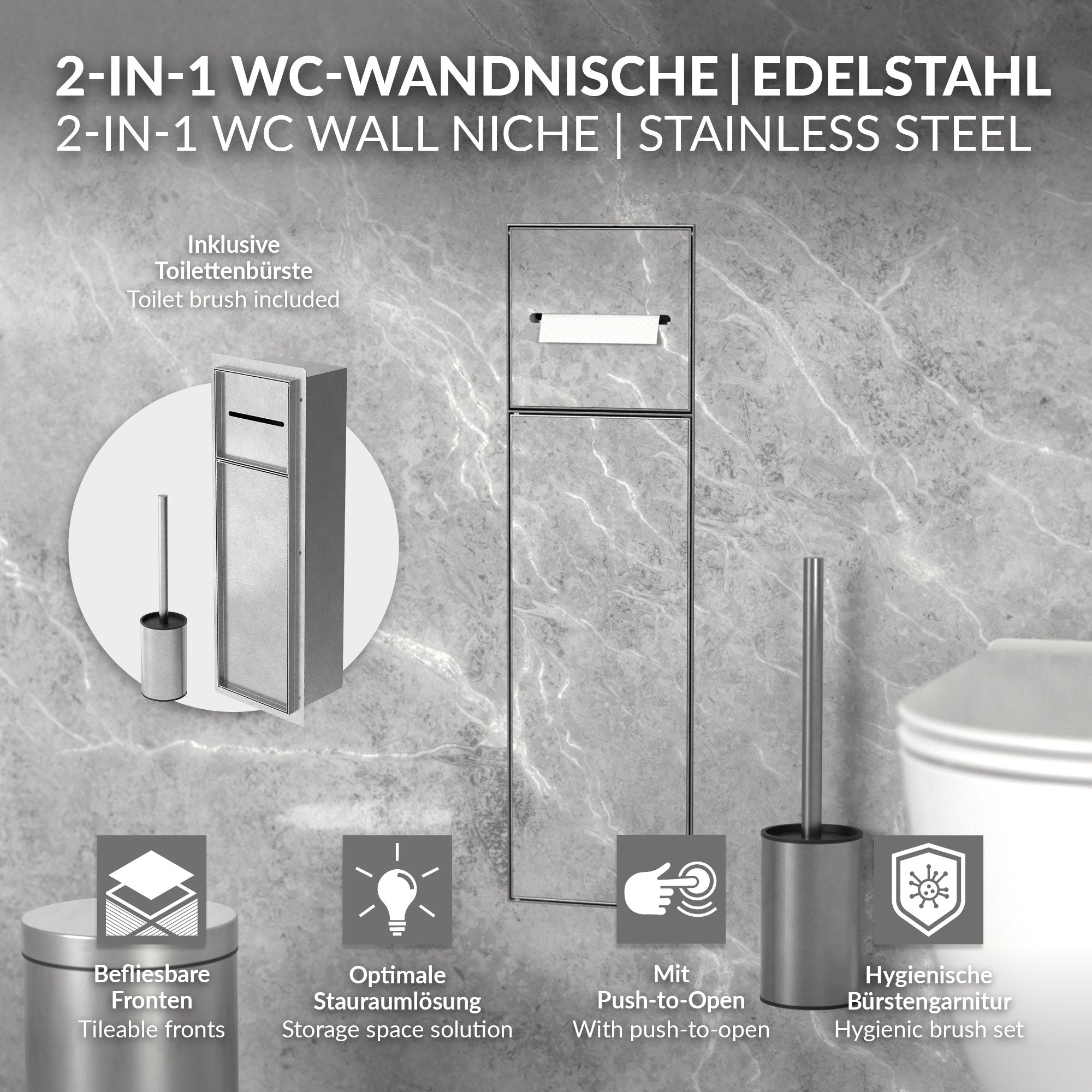 Edelstahl-WC-Wandnische mit Toilettenbürste und Halterung.