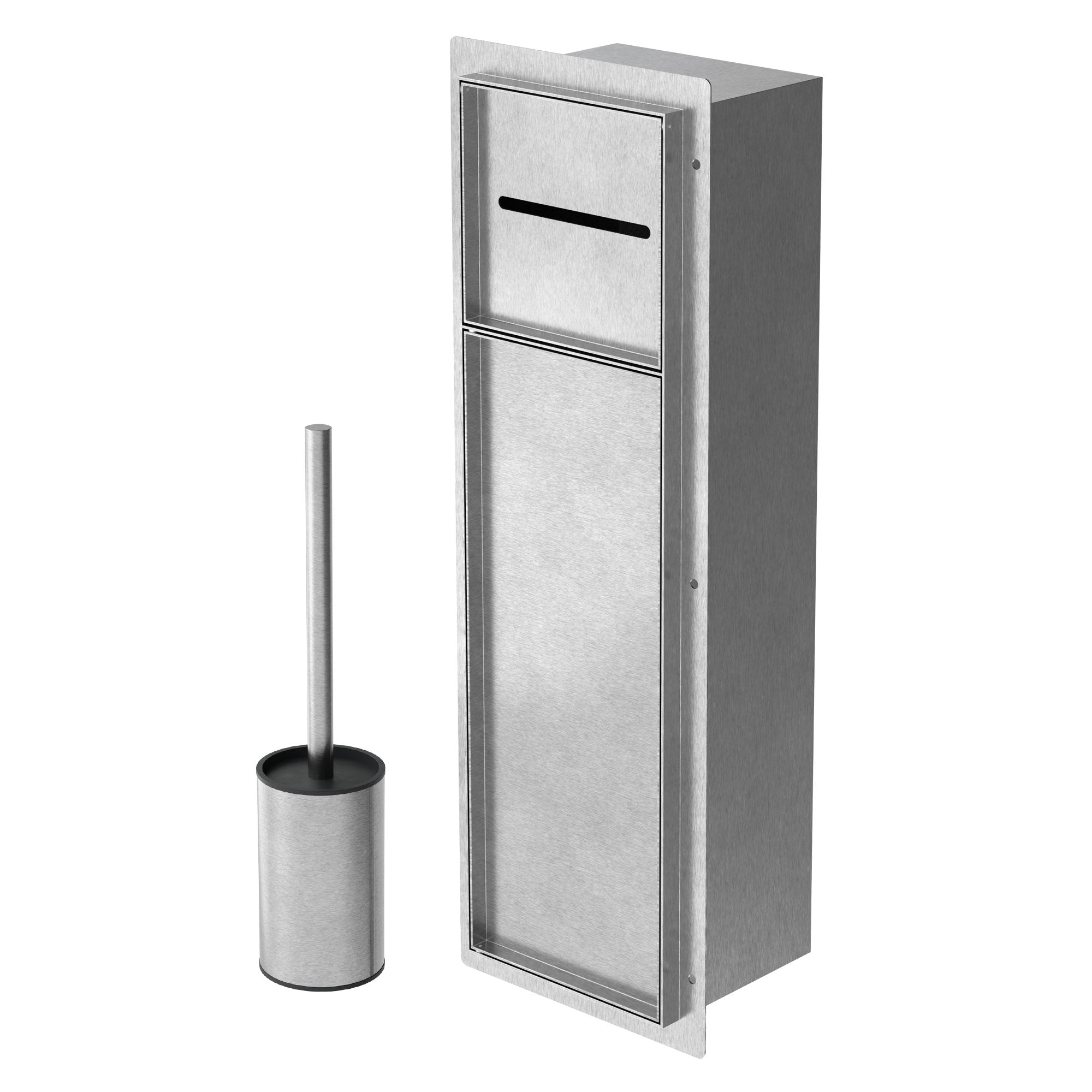 Edelstahl-Mülleimer mit Toilettenbürste in einem modernen Design.