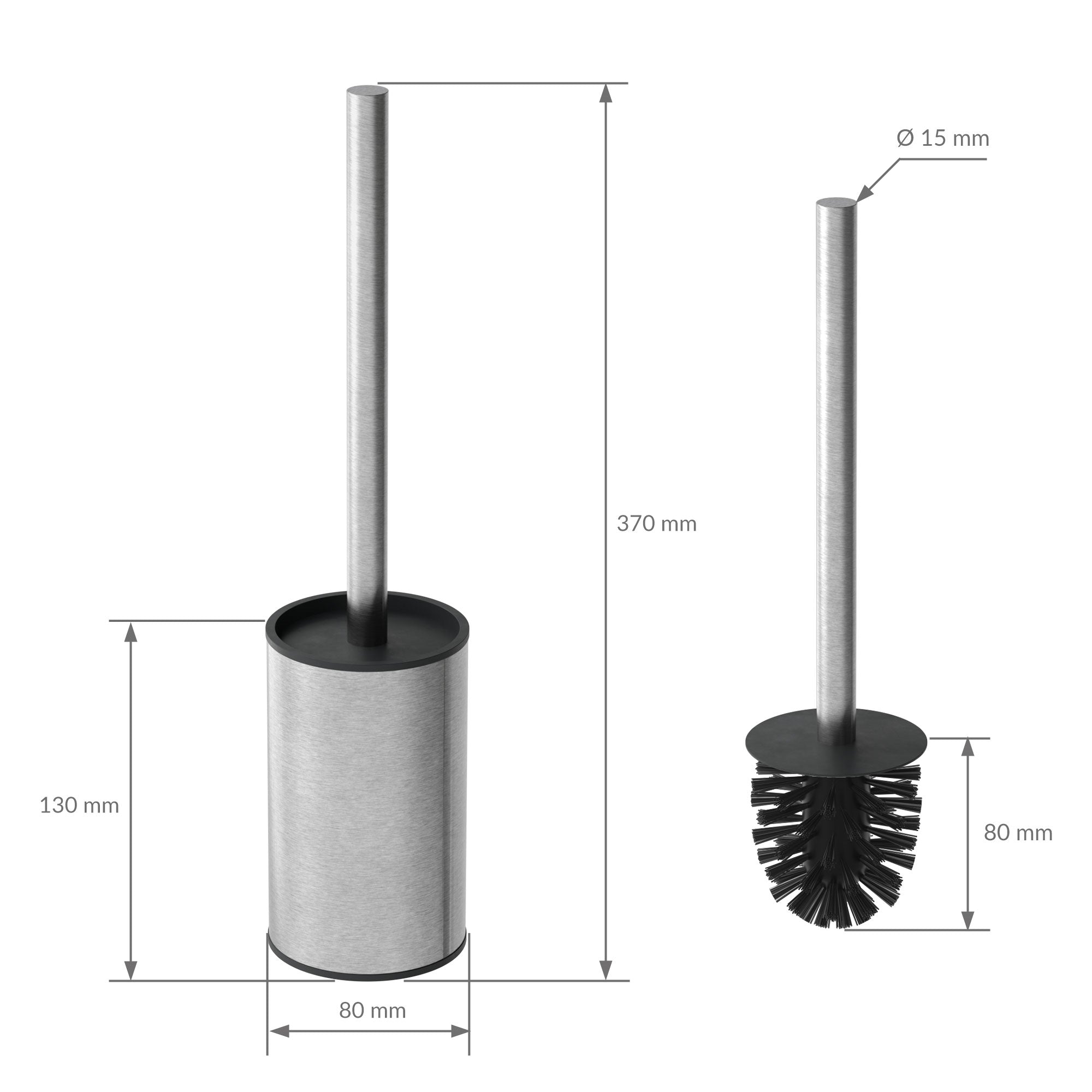 Maßzeichnung für eine Toilettenbürste mit einem Durchmesser von 15 mm und einer Höhe von 370 