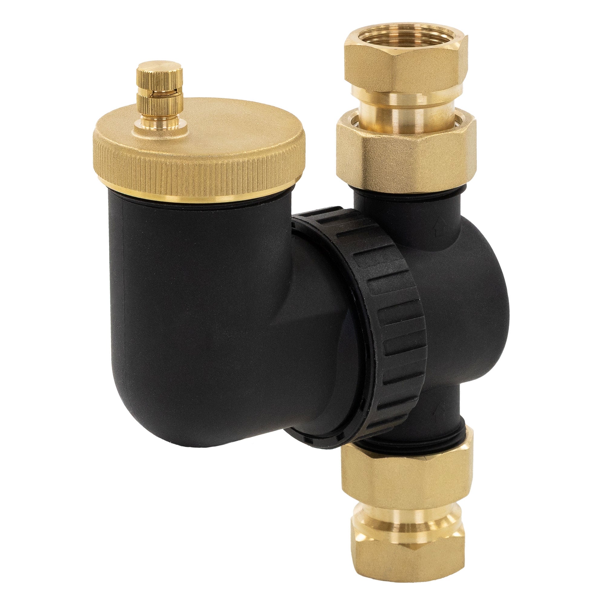 Zwarte handdoekverwarmer met gouden aansluitingen.
