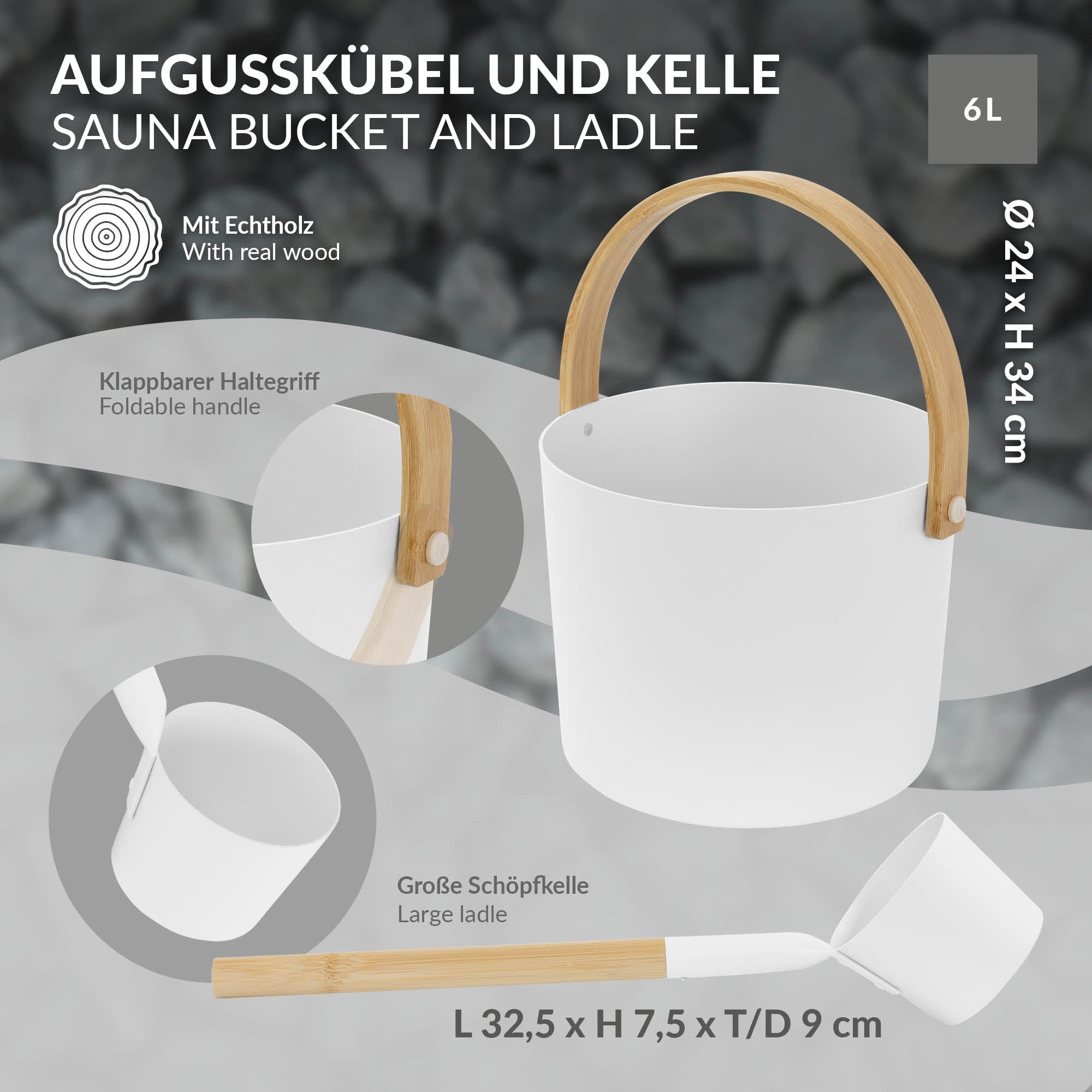 Weißer Aufgusskübel mit Holzgriff und Kelle auf einem Steinhintergrund.