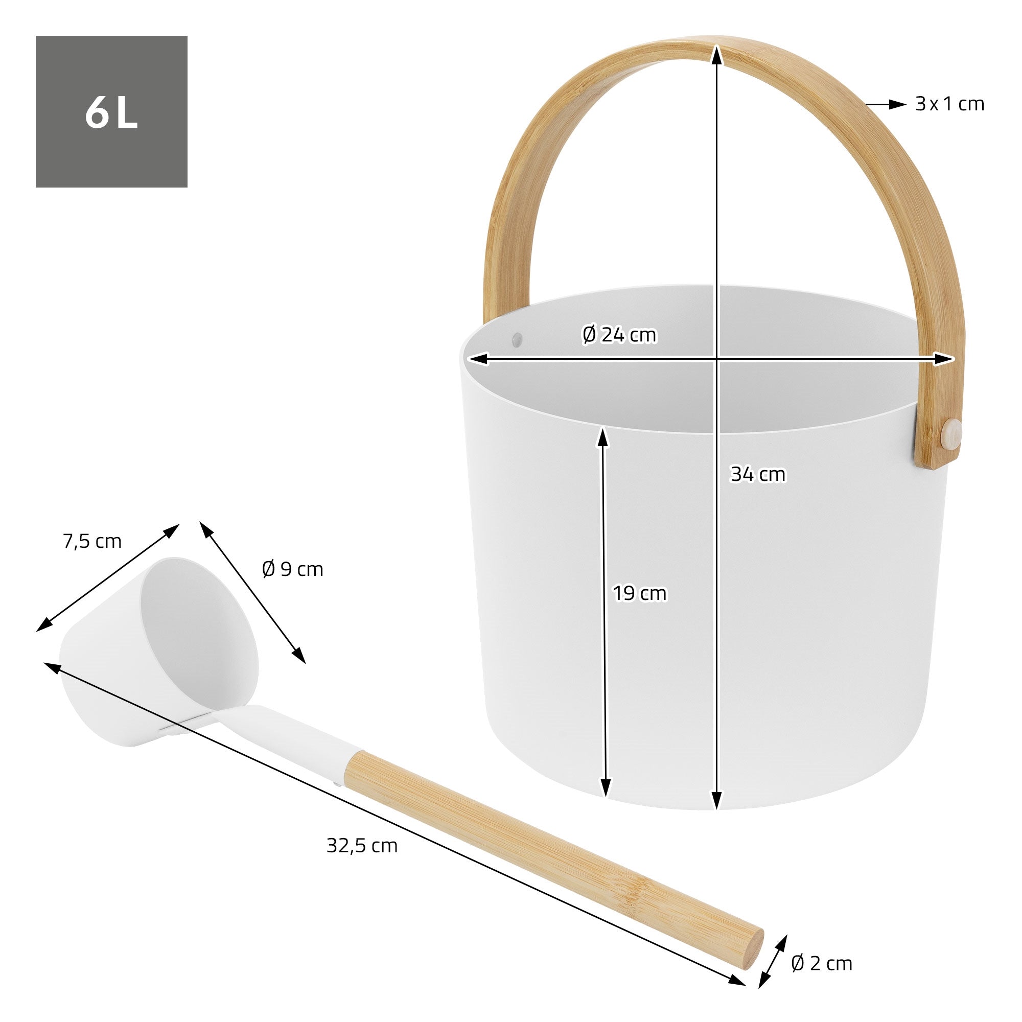 Weißer Aufgusskübel mit Holzgriff und Messbecher, Maße angegeben.