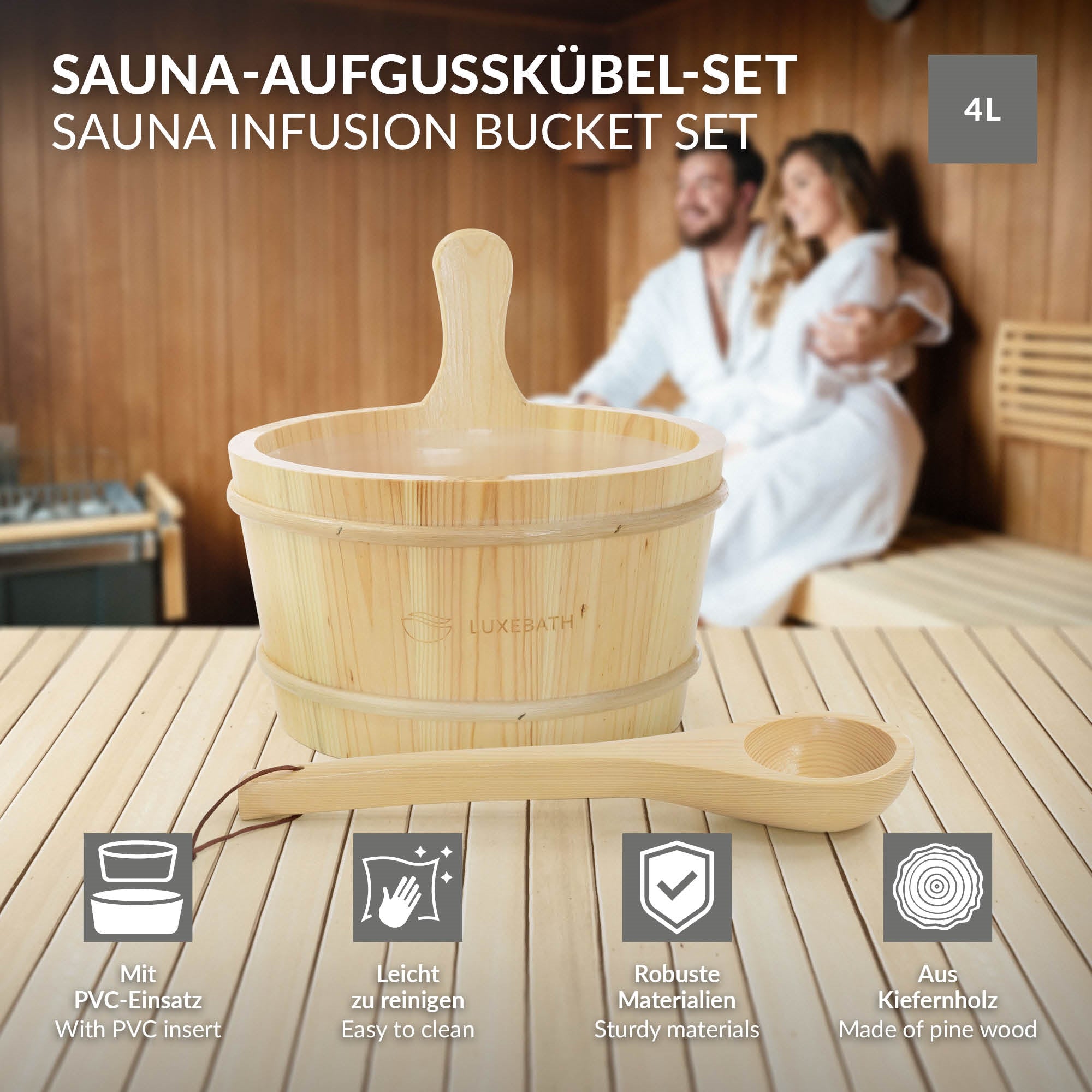 Sauna-opgietemmer-set met houten container en lepel op een houten bank.