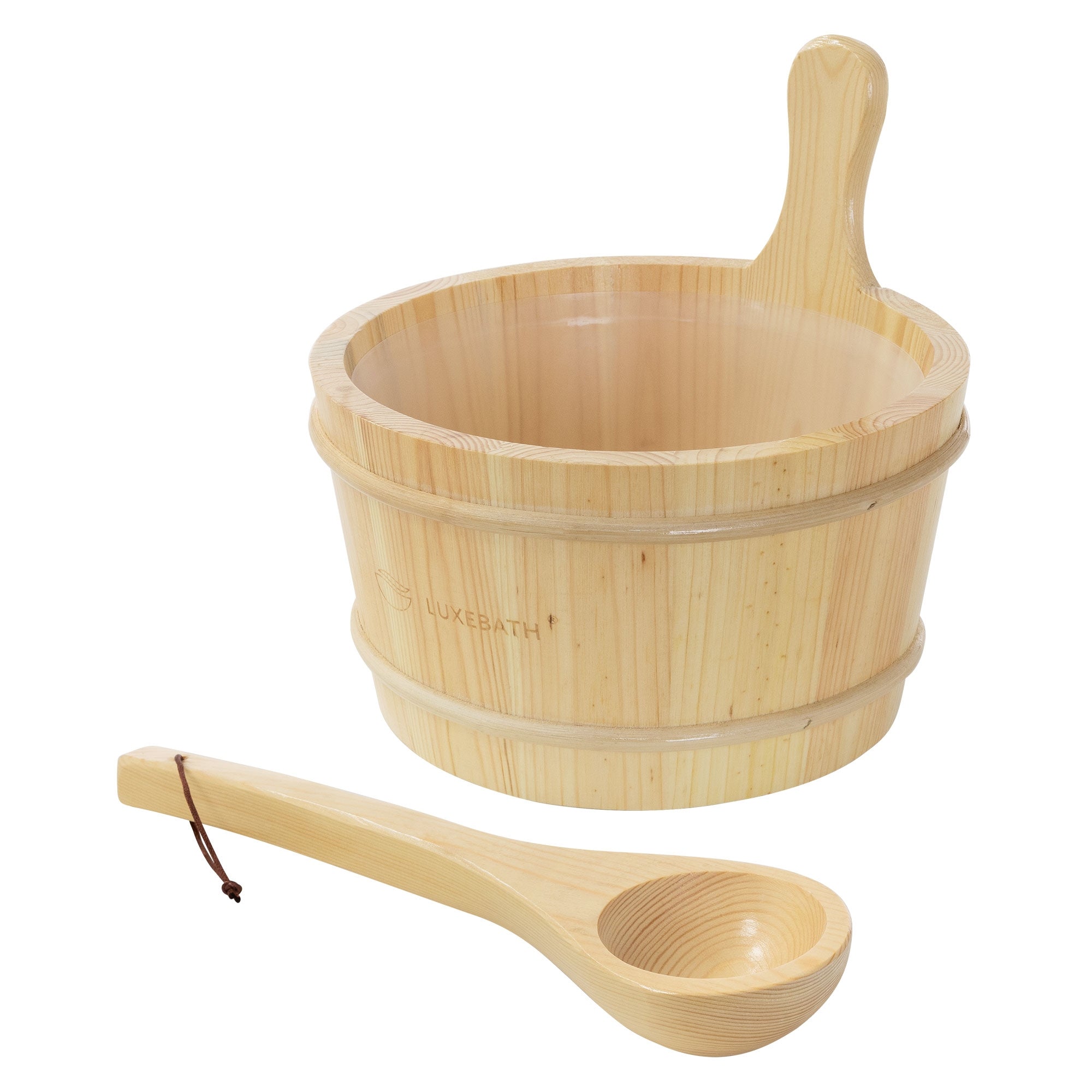 Houten container met lepel, beide van licht hout.