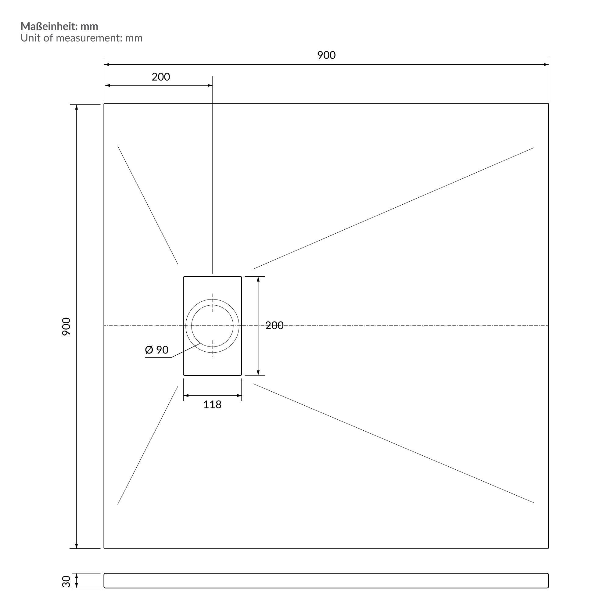 Technical drawing with dimensions for a shower tray.