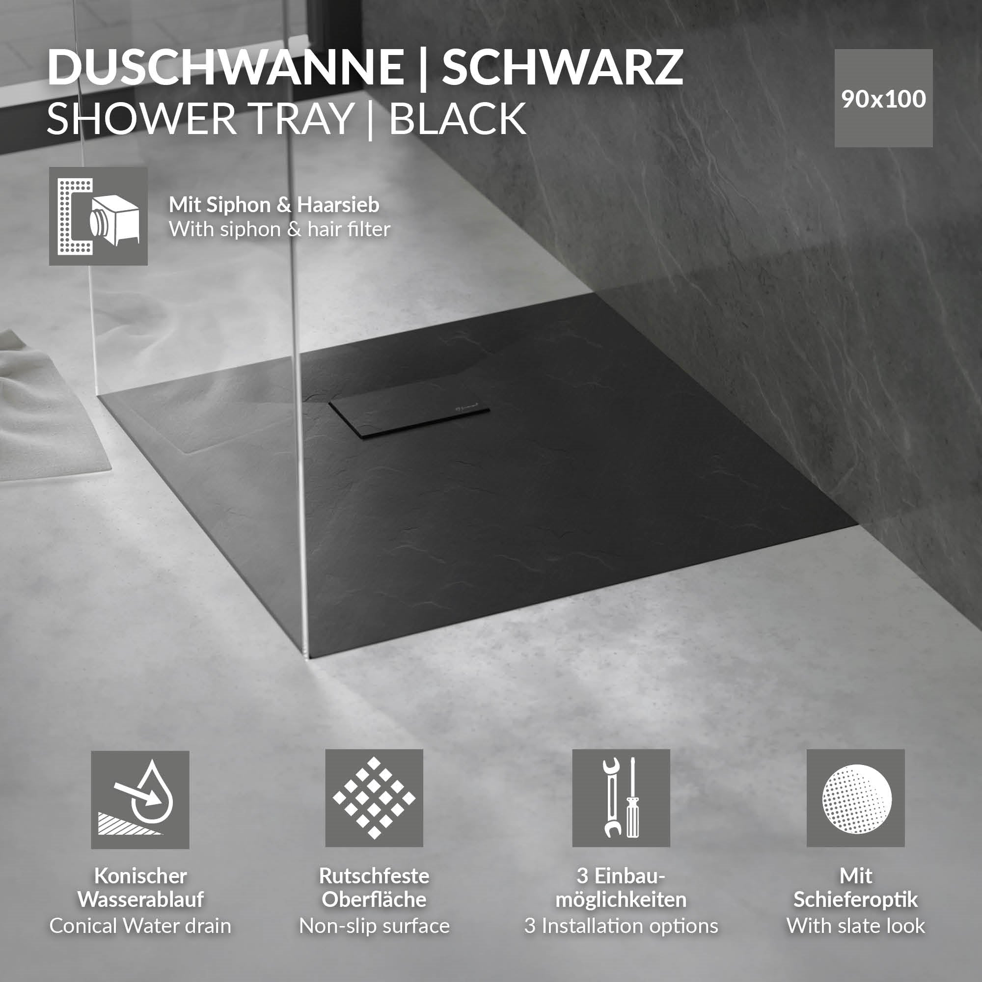 Schwarze Duschwanne mit Siphon und rutschfester Oberfläche.
