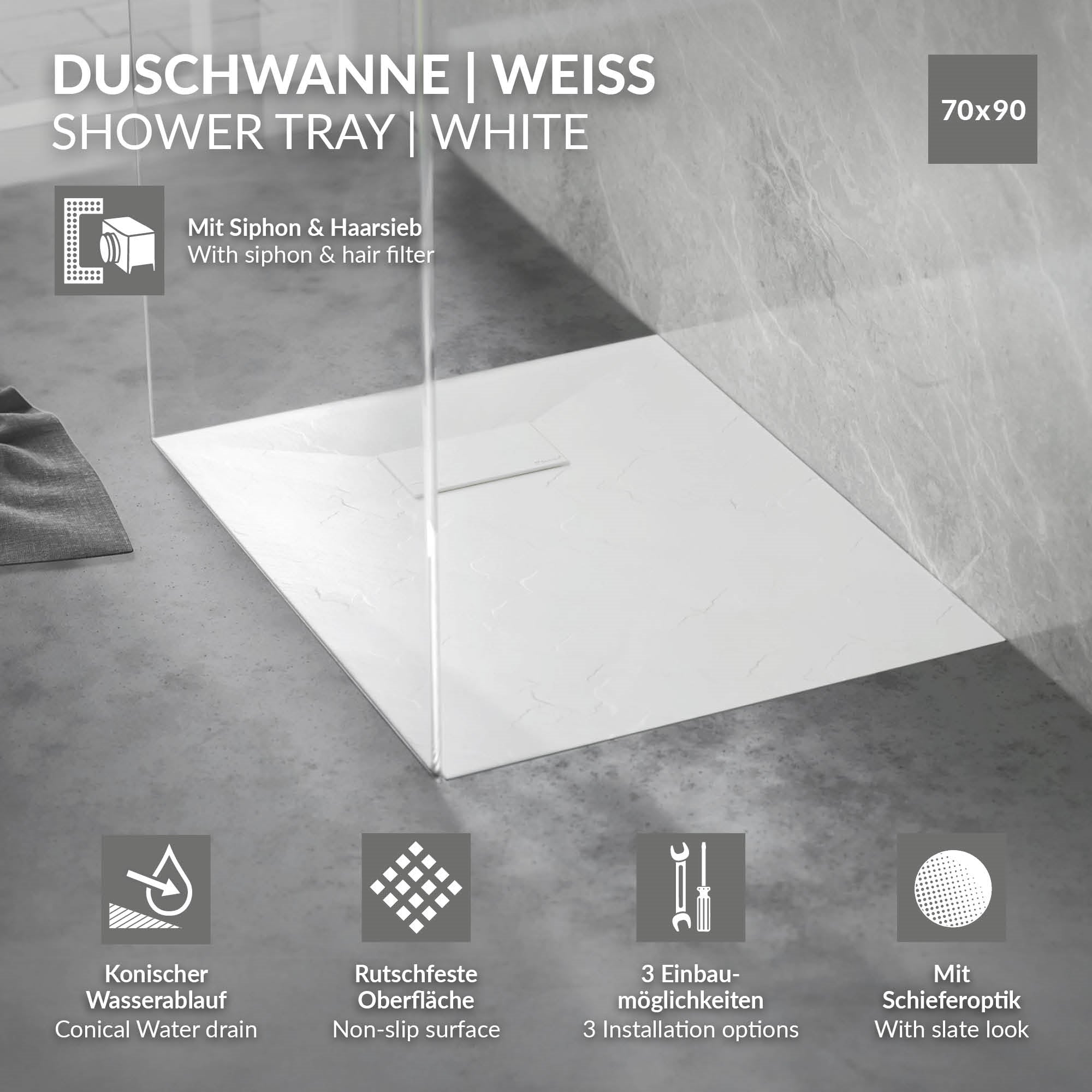 Duschwanne in Weiß mit Siphon und verschiedenen Einbaumöglichkeiten.