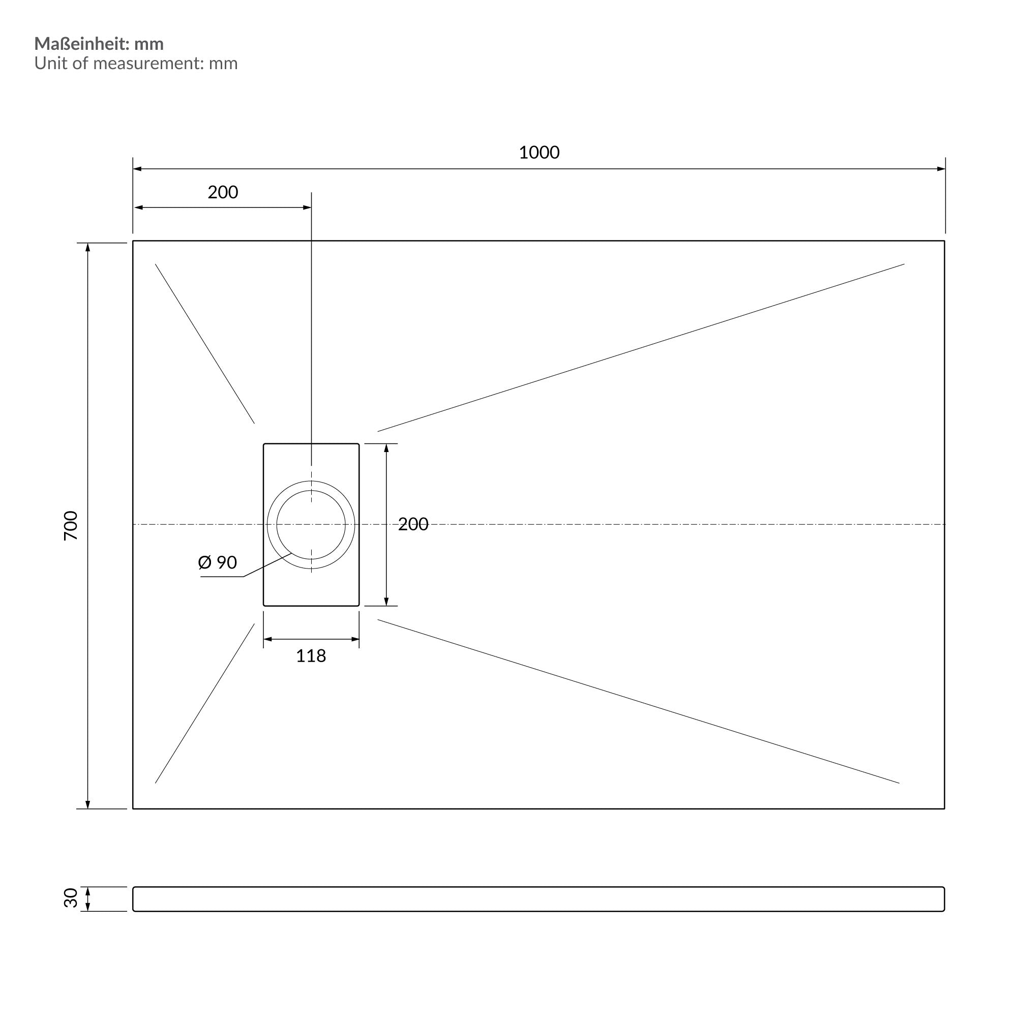 Technical drawing of the shower tray with dimensions in millimeters.