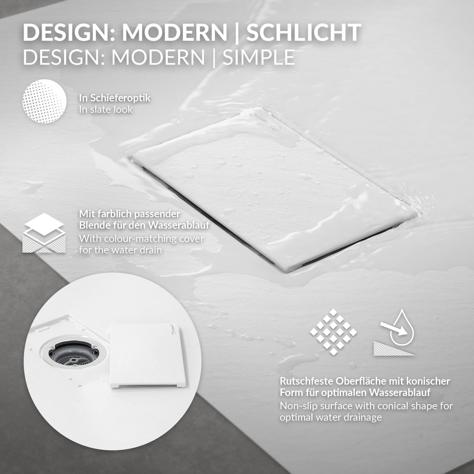 Designbeschreibung der Duschfläche mit rutschfester Oberfläche.