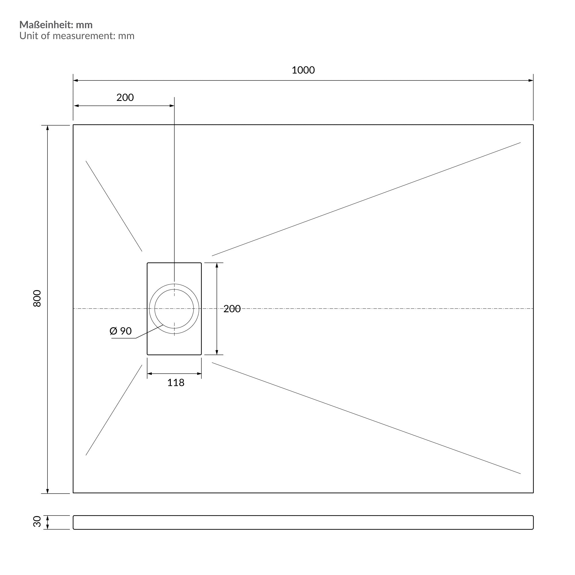Dessin technique de la baignoire de douche avec dimensions en millimètres.