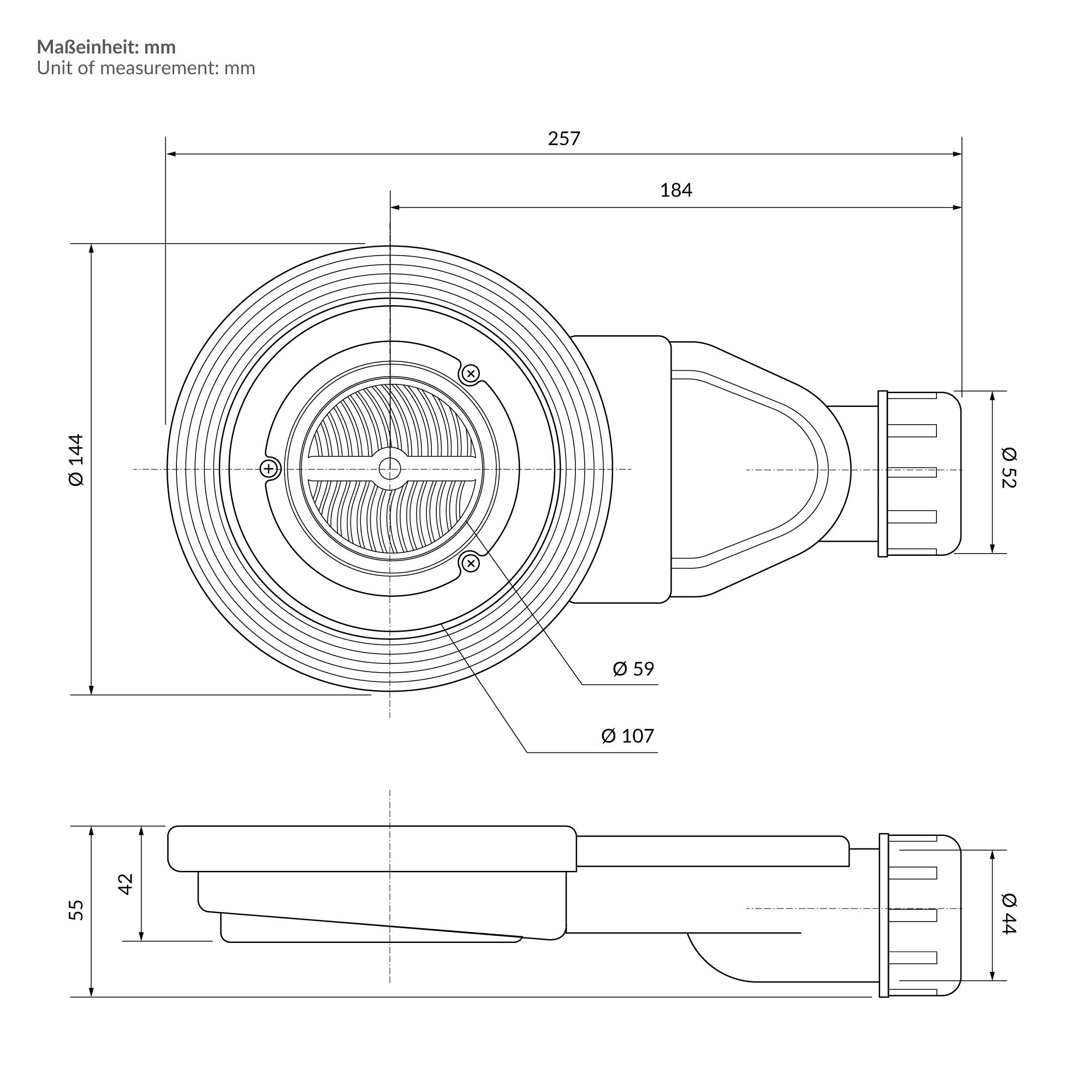 Technische tekening met afmetingen van een apparaat in millimeters.