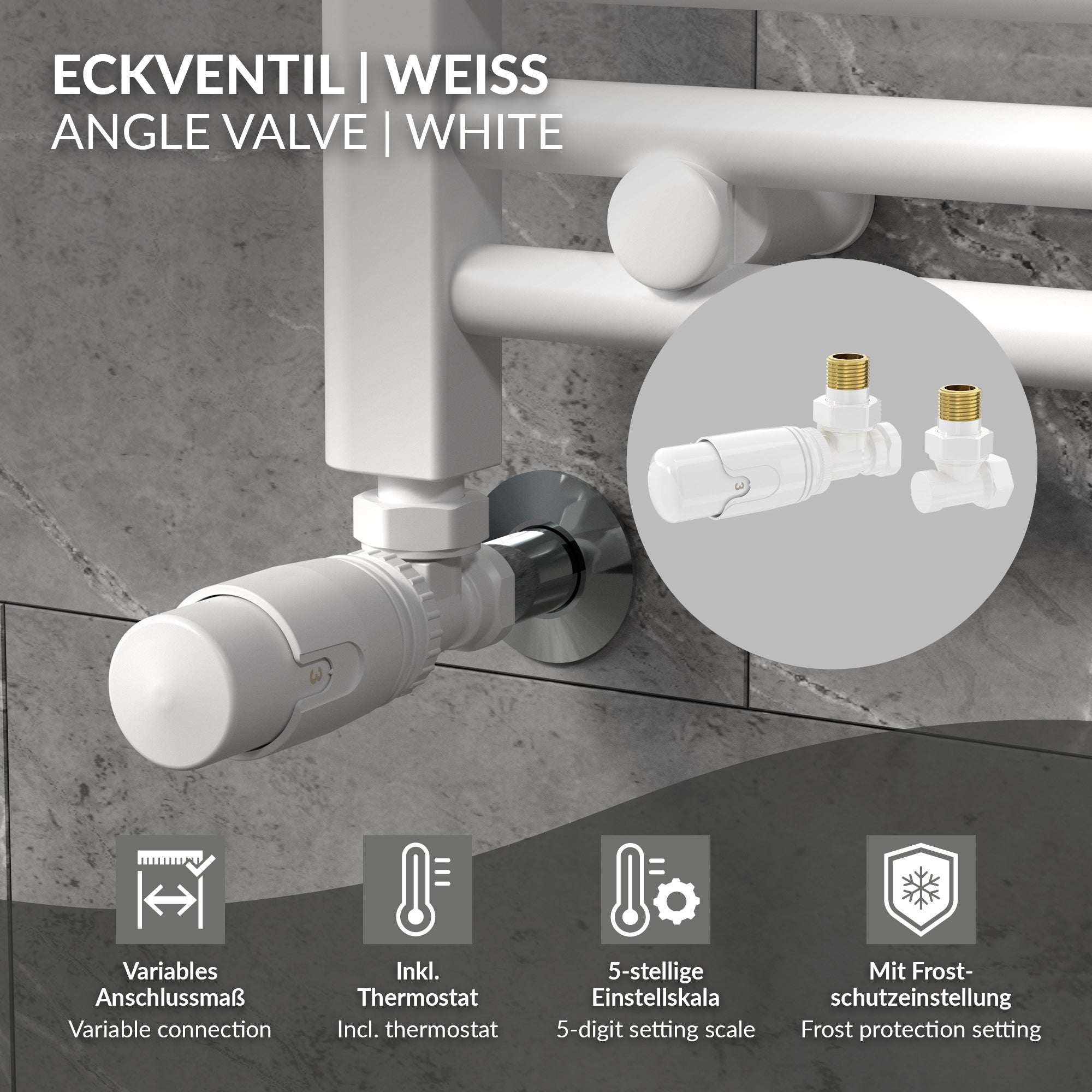 White corner valve with thermostat and technical information.