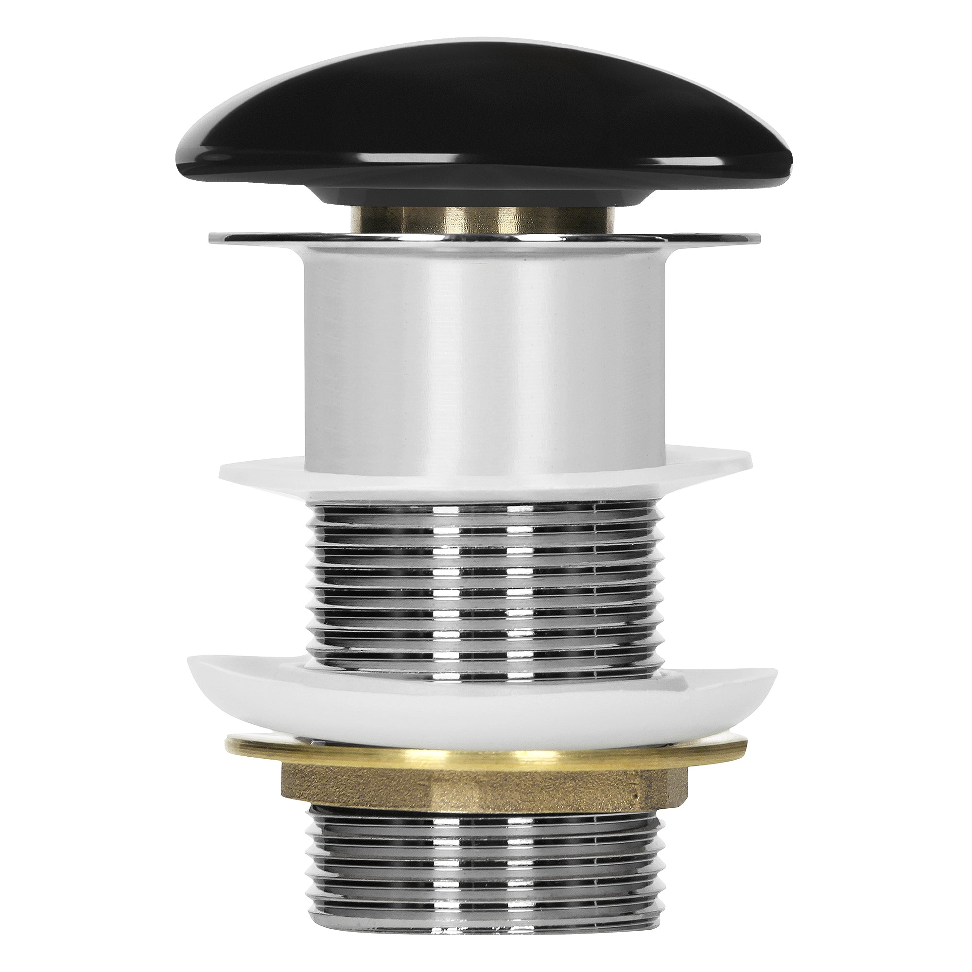 Black drain with chrome thread and gold-colored underside.