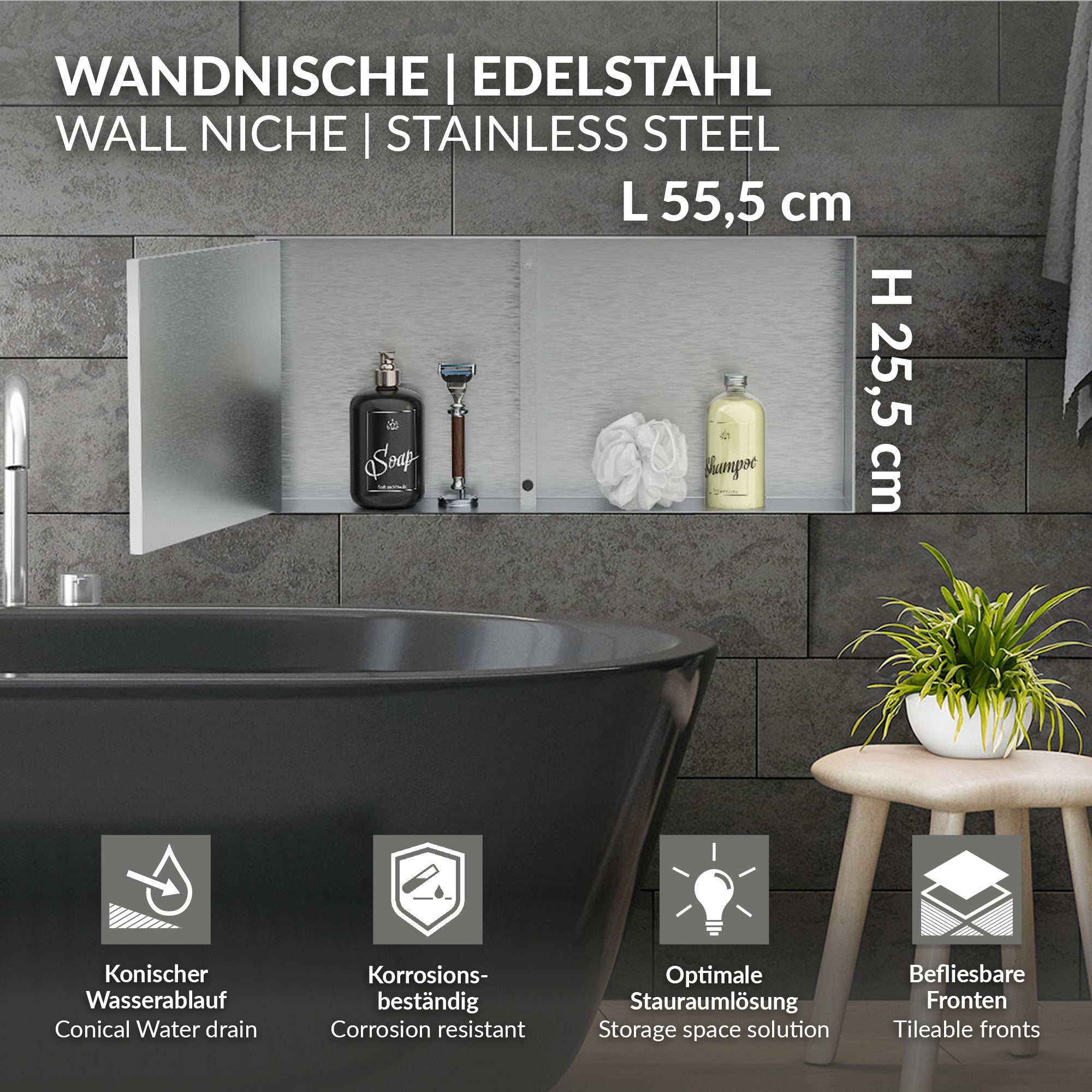 Stainless steel wall niche with two compartments and decorative bottles.
