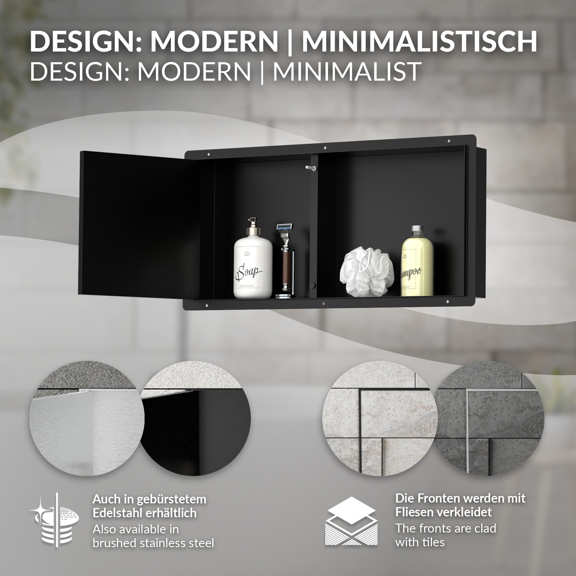 Black wall cabinet with personal care products and various surface patterns.