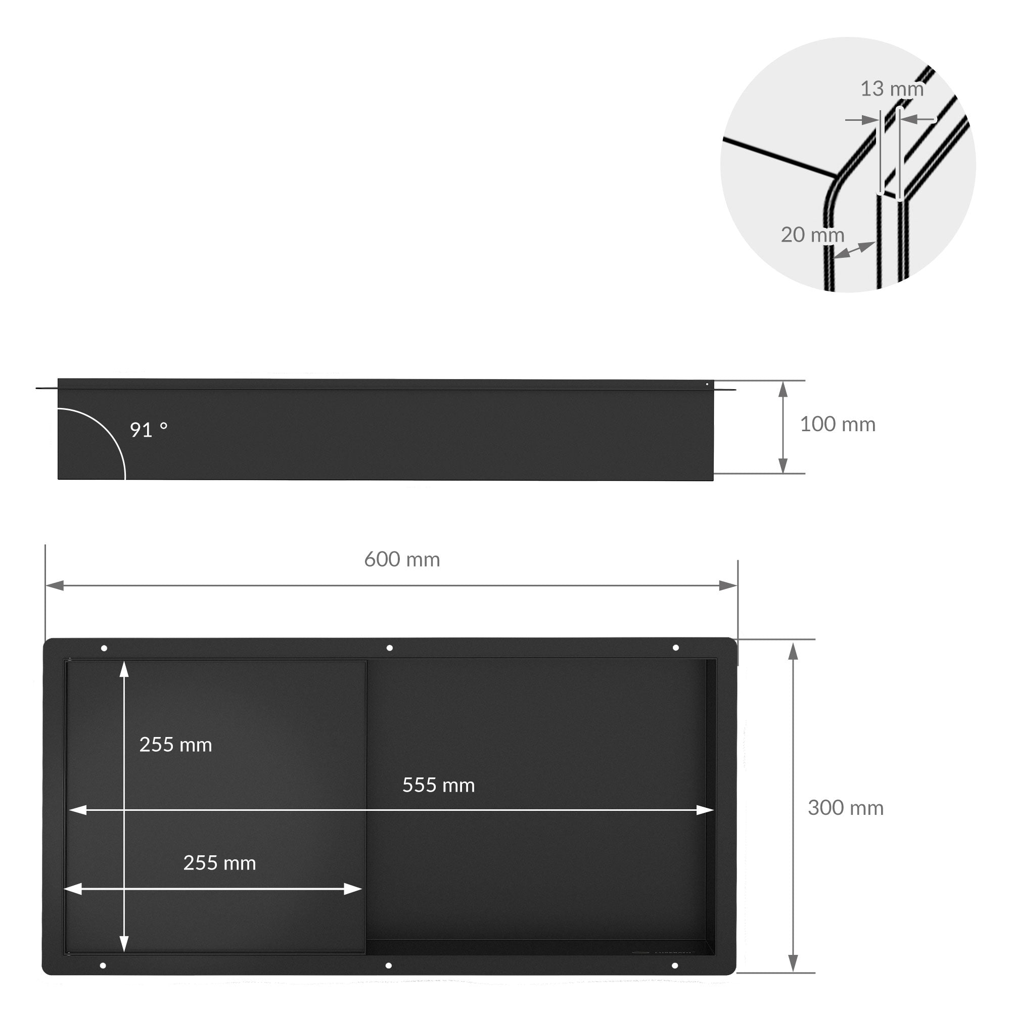 Technical drawing with dimensions of a rectangular frame in black.