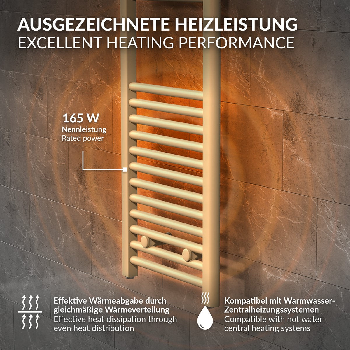 Heizkörper mit 165 W Nennleistung und gleichmäßiger Wärmeverteilung.
