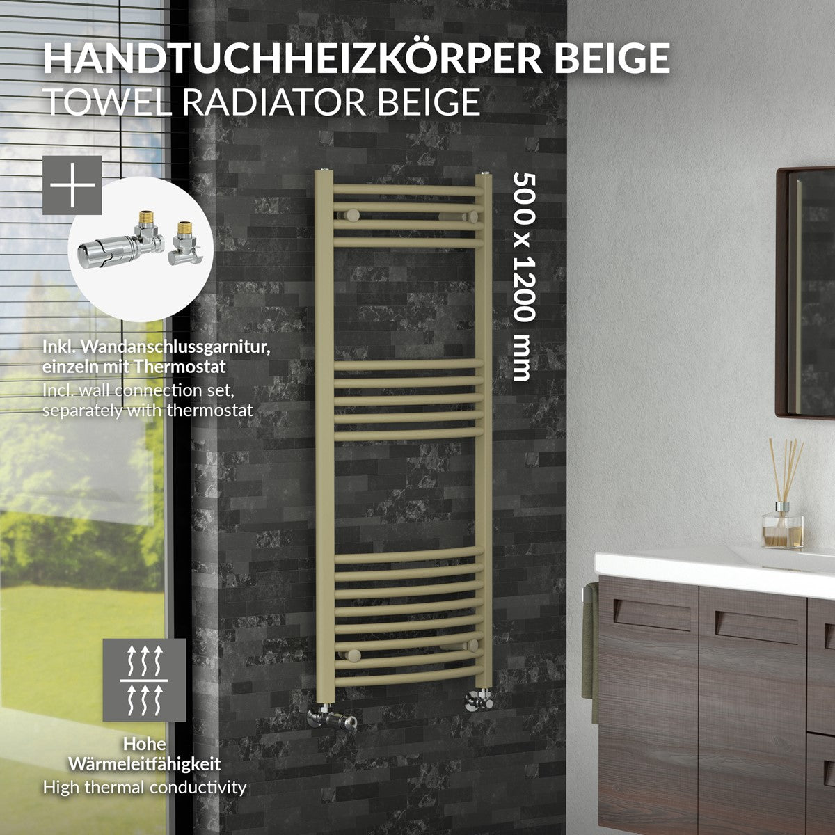 Beige Handtuchheizkörper mit technischen Details und Maßen.